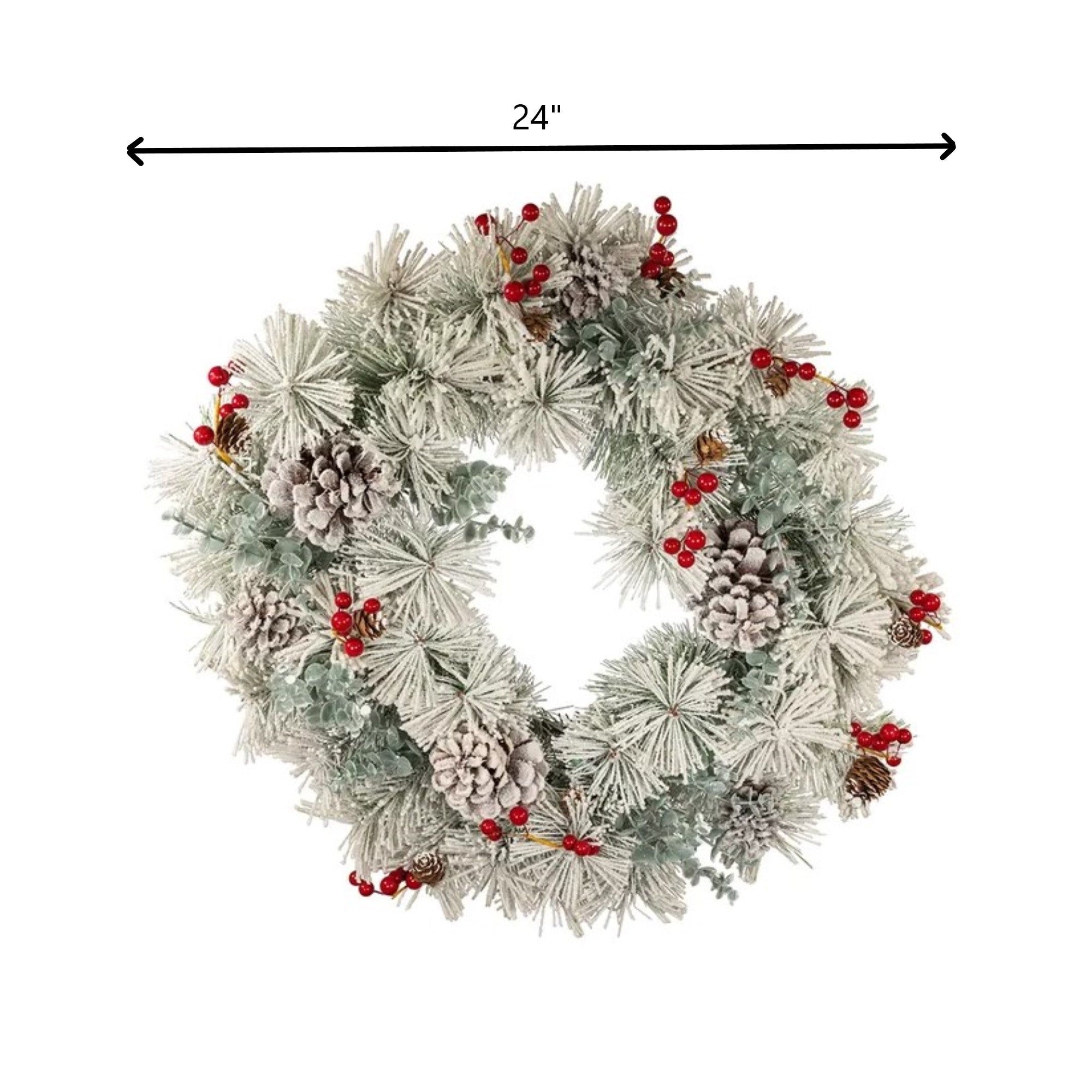Kurt Adler Unlit Fax Snow, Red Berries and Pinecone Holiday Wreath, 24in