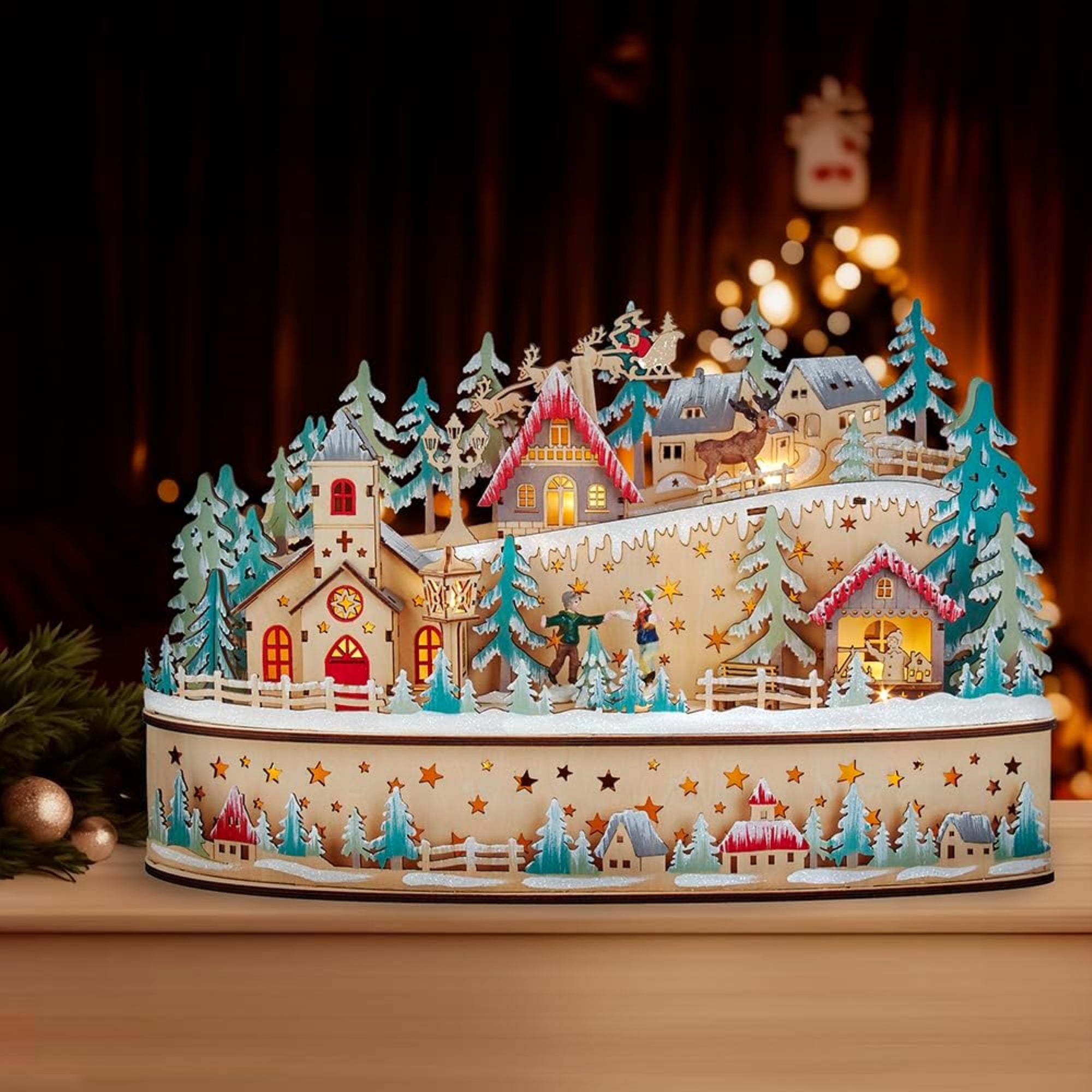 Kurt Adler Battery Operated Light-Up Small Christmas Village with Santa, 11"