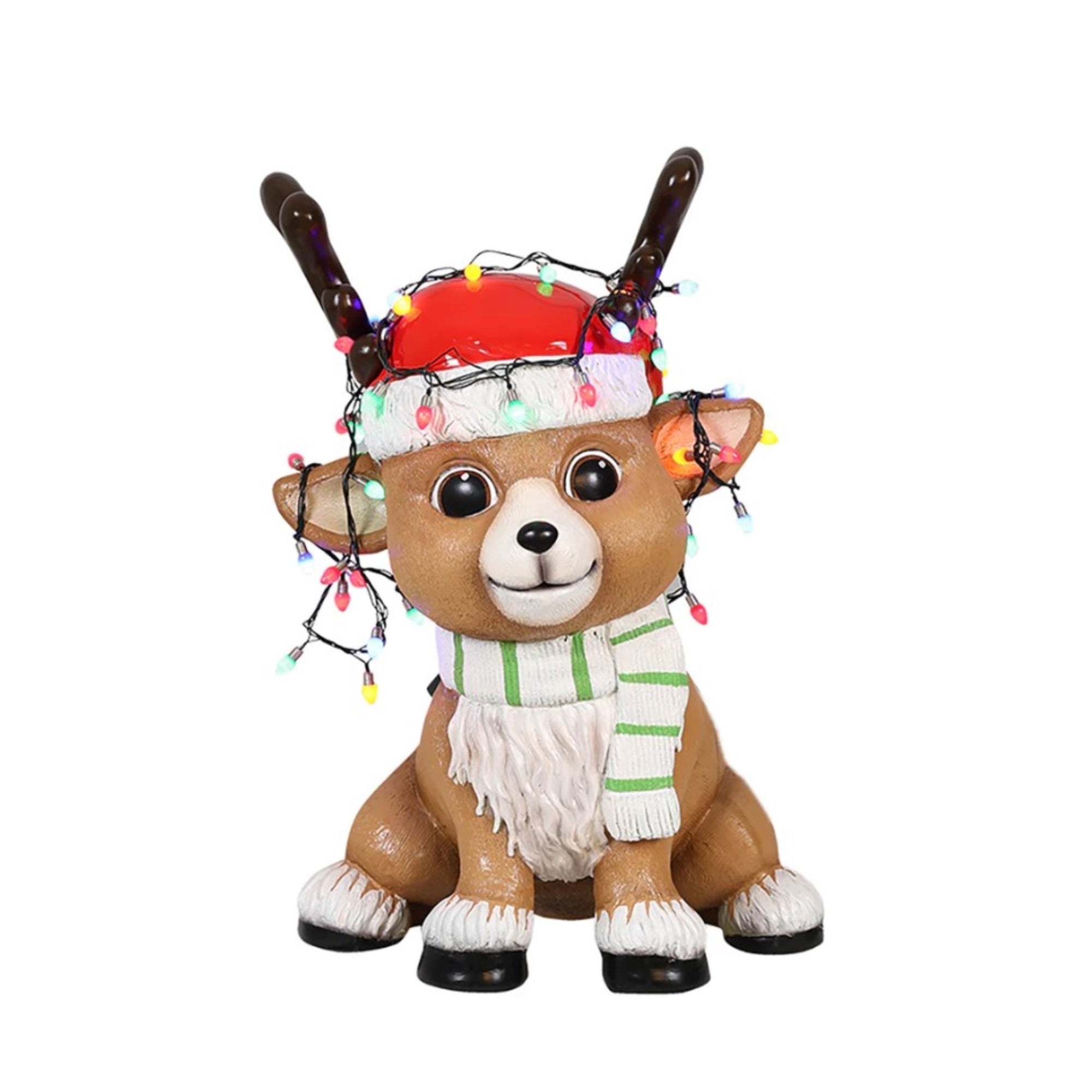 Garden Elements Indoor Fiberglass Christmas Figurine – Baby Deer Playing with Christmas Lights, 28"