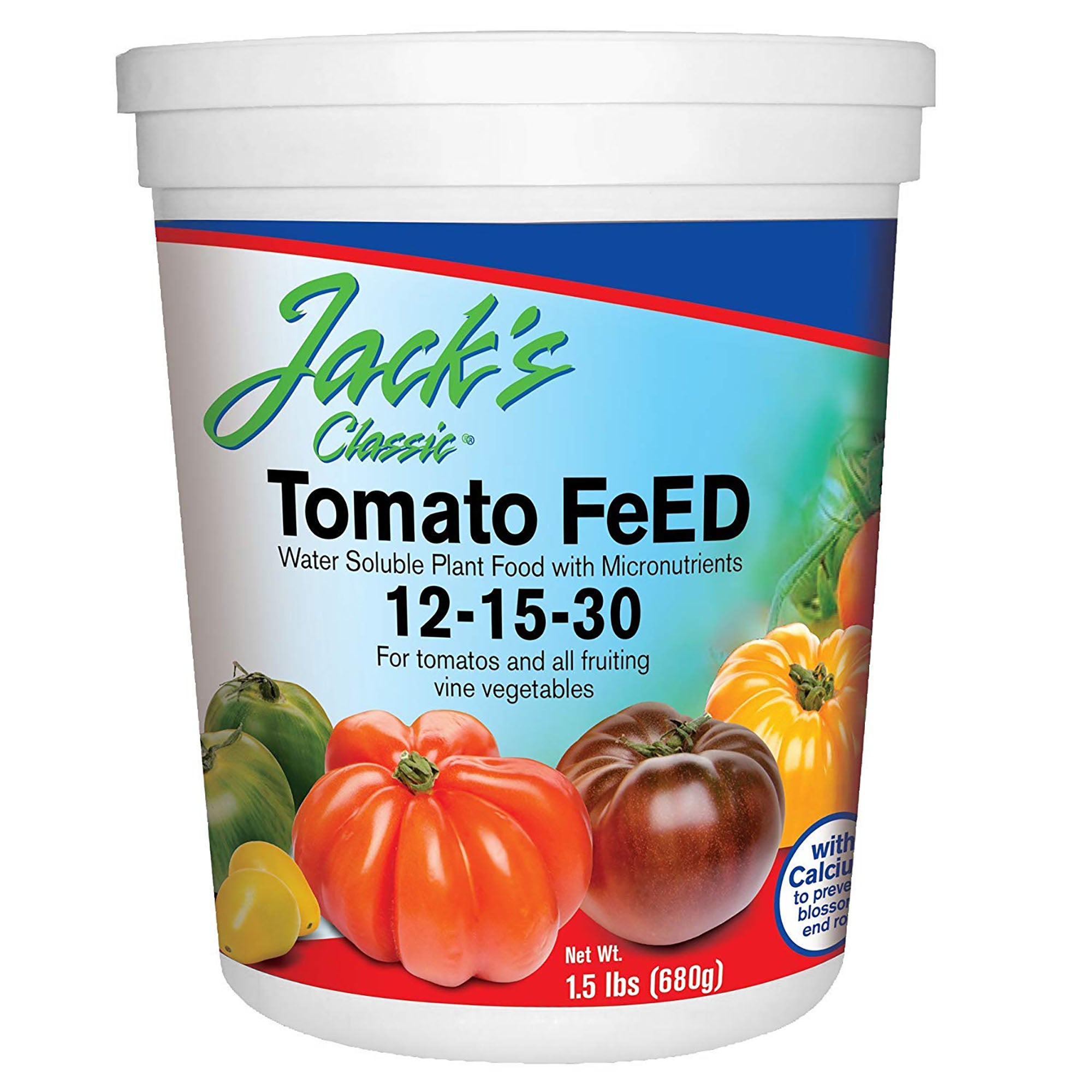 Jack's Classic 12-15-30 Tomato FeED Water-Soluble Fertilizer with Micronutrients for Plant Growth and Abundant Fruit Set in Blooming Vegetable Plants, 1.5lbs