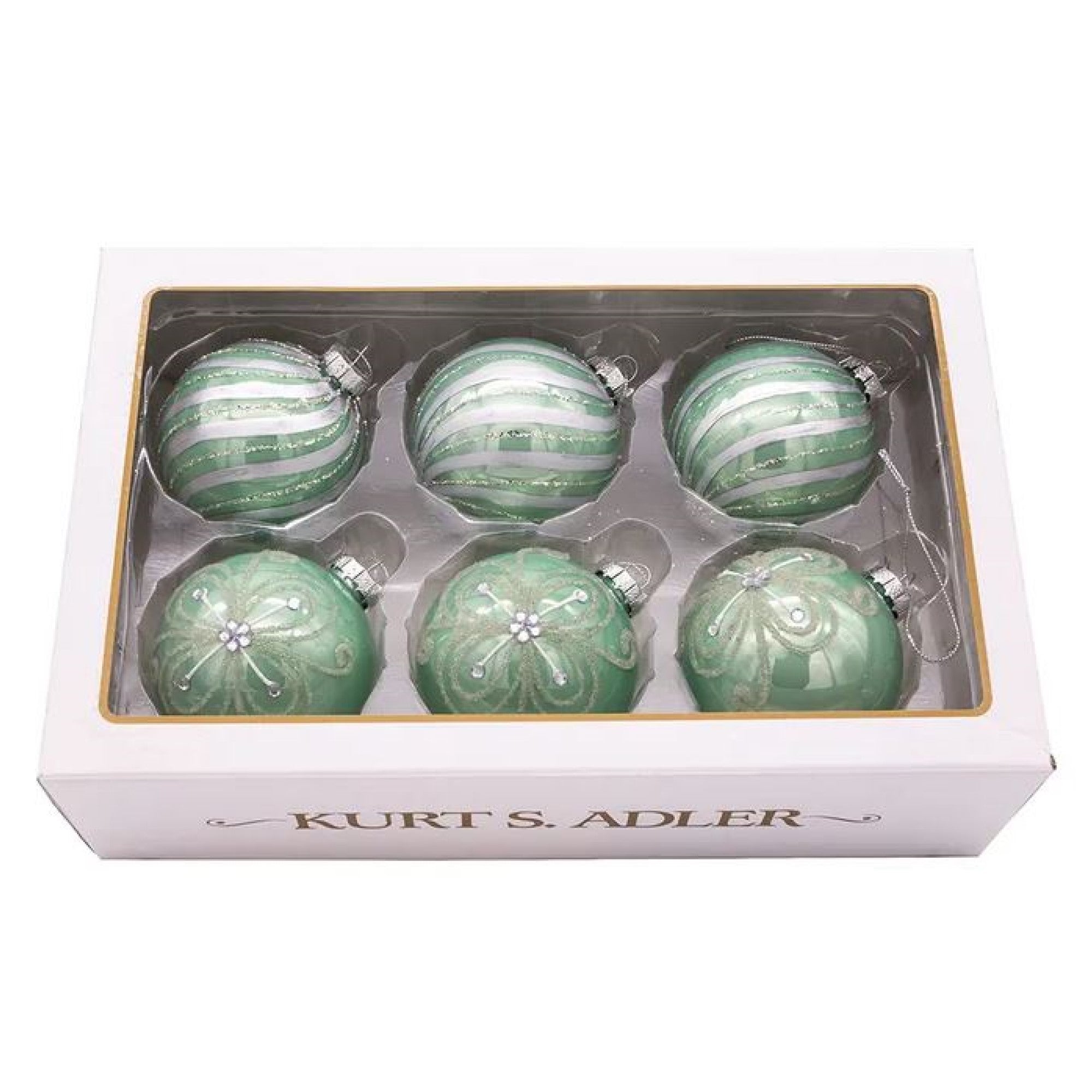 Kurt Adler Embellished Glass Ball Ornaments, Silver/Pale Aqua, 6-Piece Box, 80MM