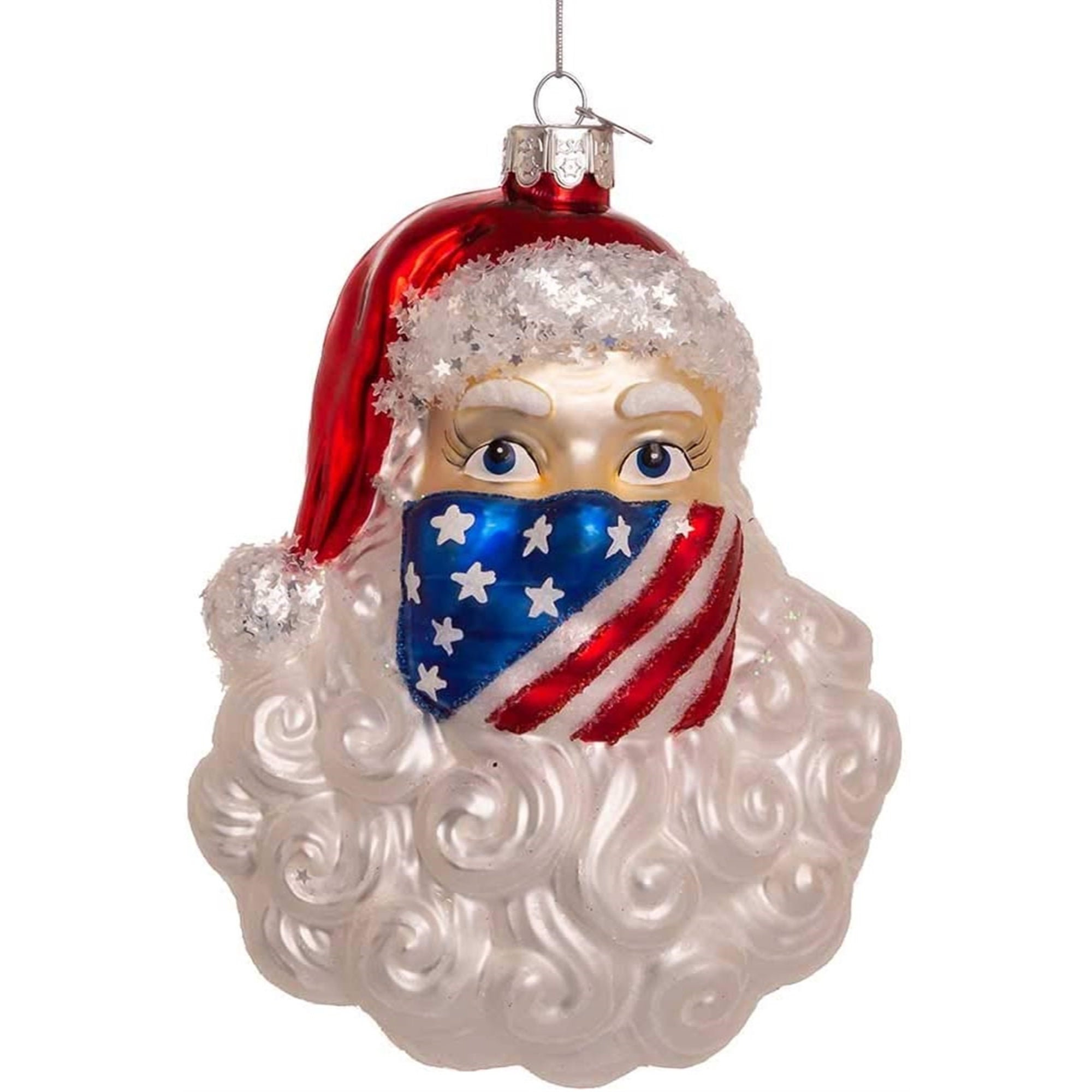 Kurt Adler Glass Ornament for Christmas Tree, Santa with USA Mask