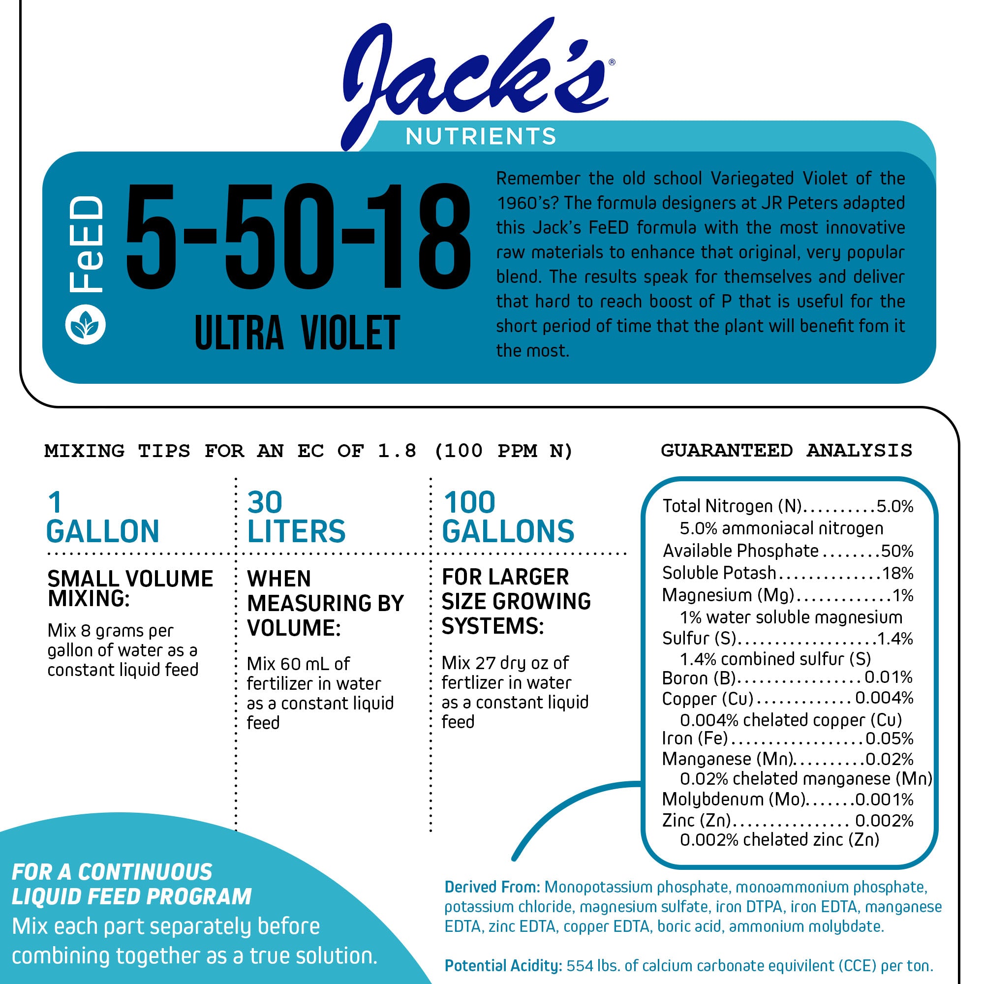 Jack's Nutrients 5-50-18 UltraViolet Water-Soluble Fertilizer, 2.2lbs