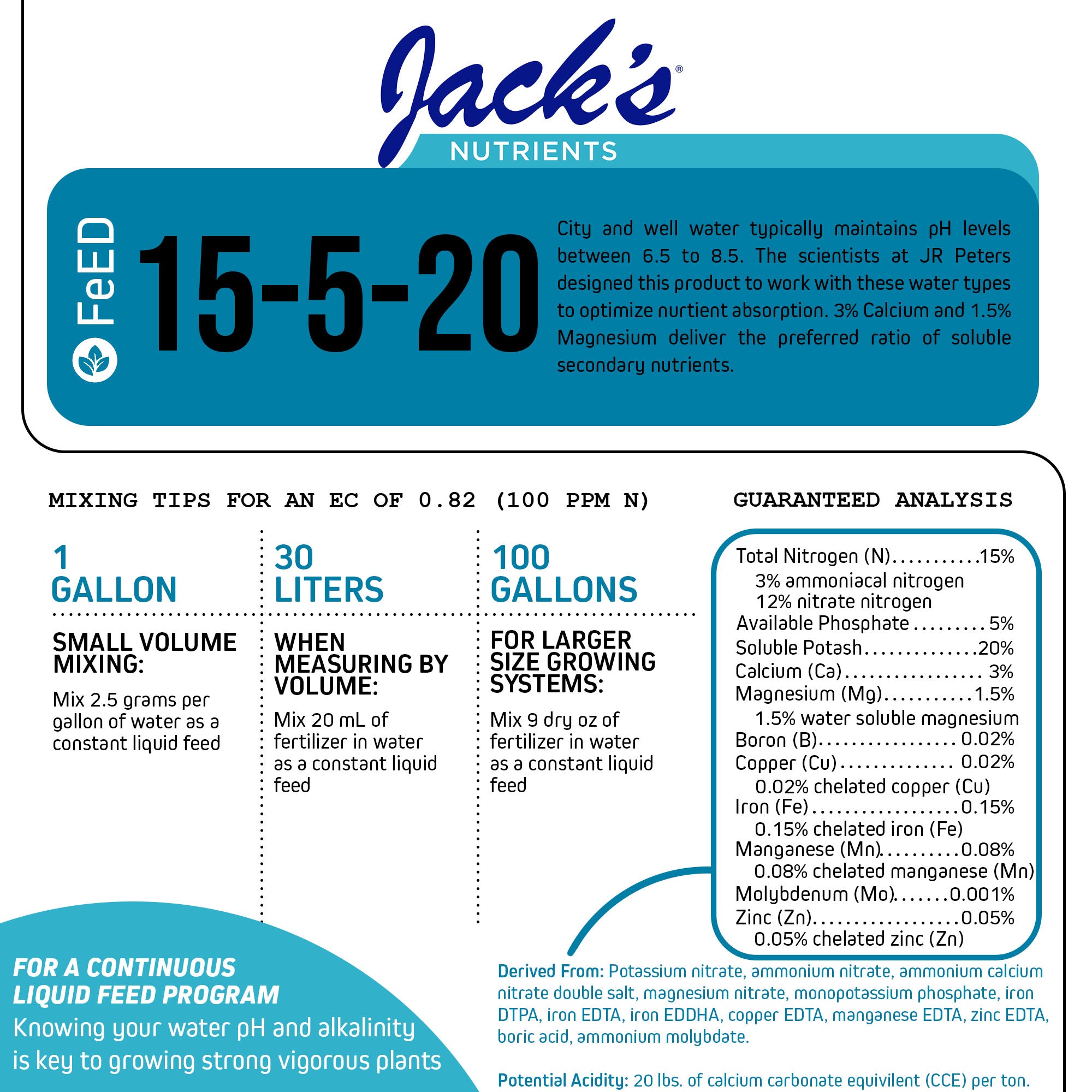 Jack's Nutrients 15-5-20 Tap Water-Soluble Fertilizer for Lowering Water pH for Leaf and Root Growth in Continuous Liquid Feed Programs, 2.2lbs