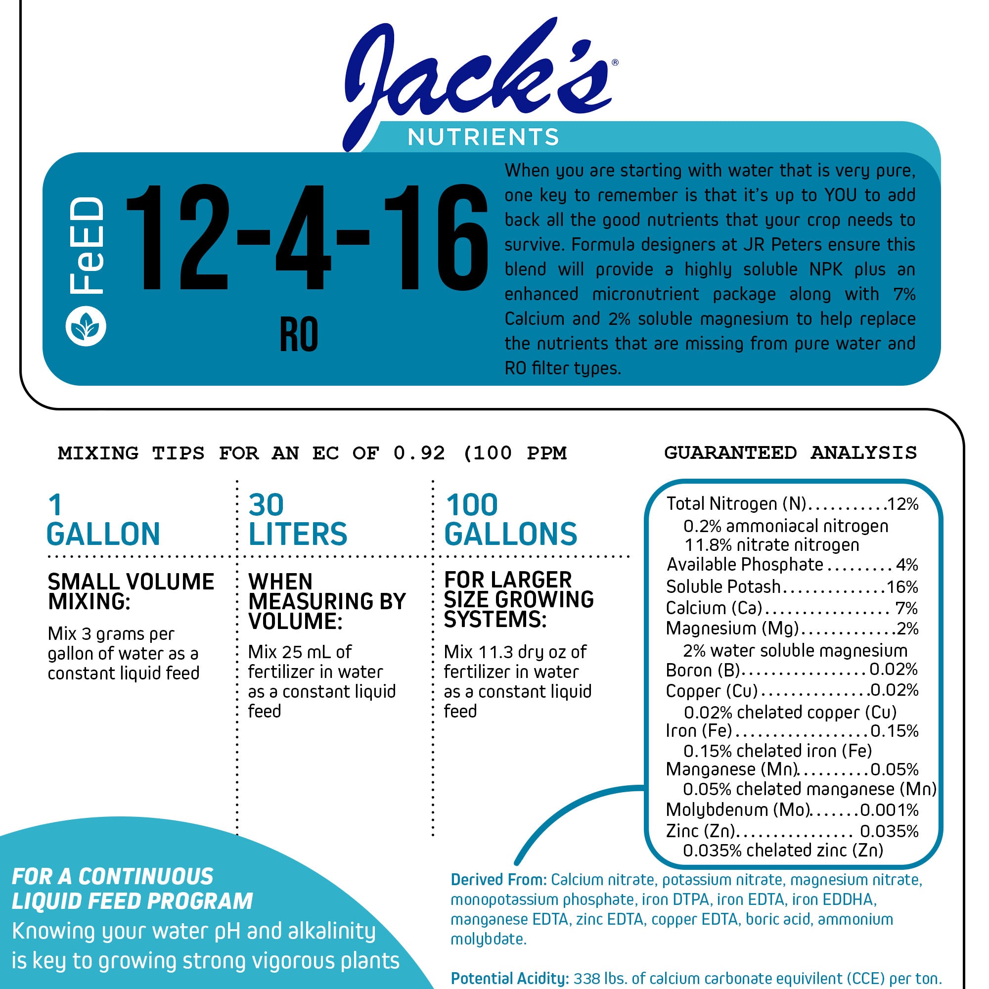 Jack's Nutrients 12-4-16 Reverse Osmosis Water-Soluble Fertilizer for Nutrient Uptake in Pure and Reverse Osmosis Waters in Continuous Liquid Feed Programs, 2.2lbs