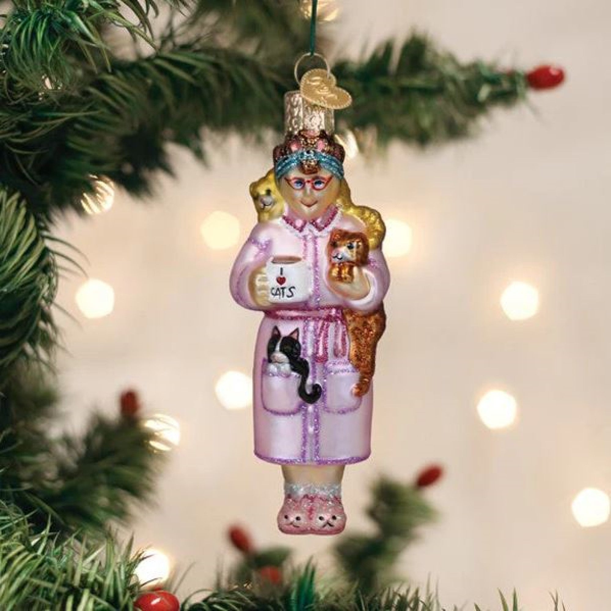 Old World Christmas Blown Glass Ornament for Christmas Tree, Cat Lady