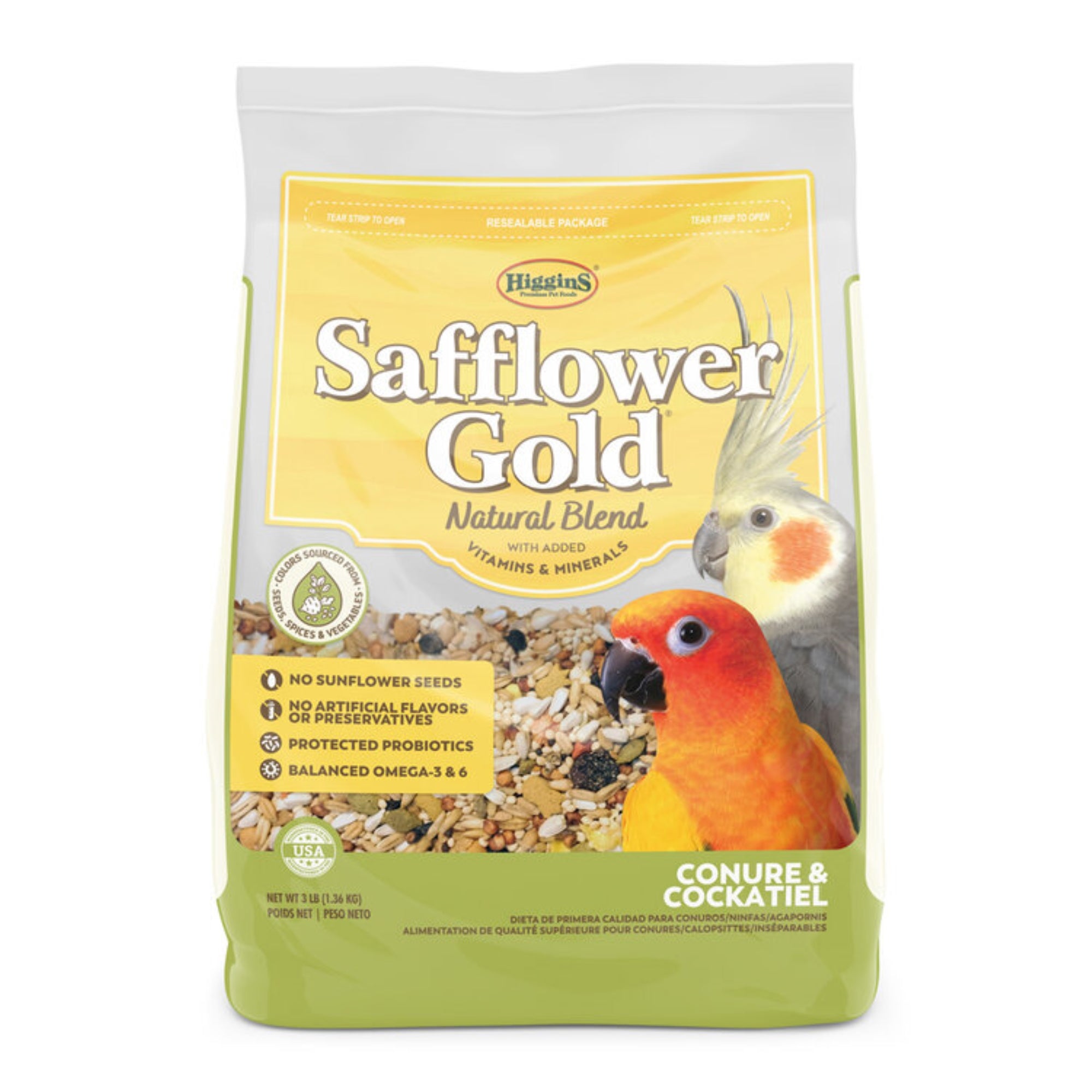 Higgins Safflower Gold Natural Bird Food Mix for Conures & Cockatiels, 3lbs