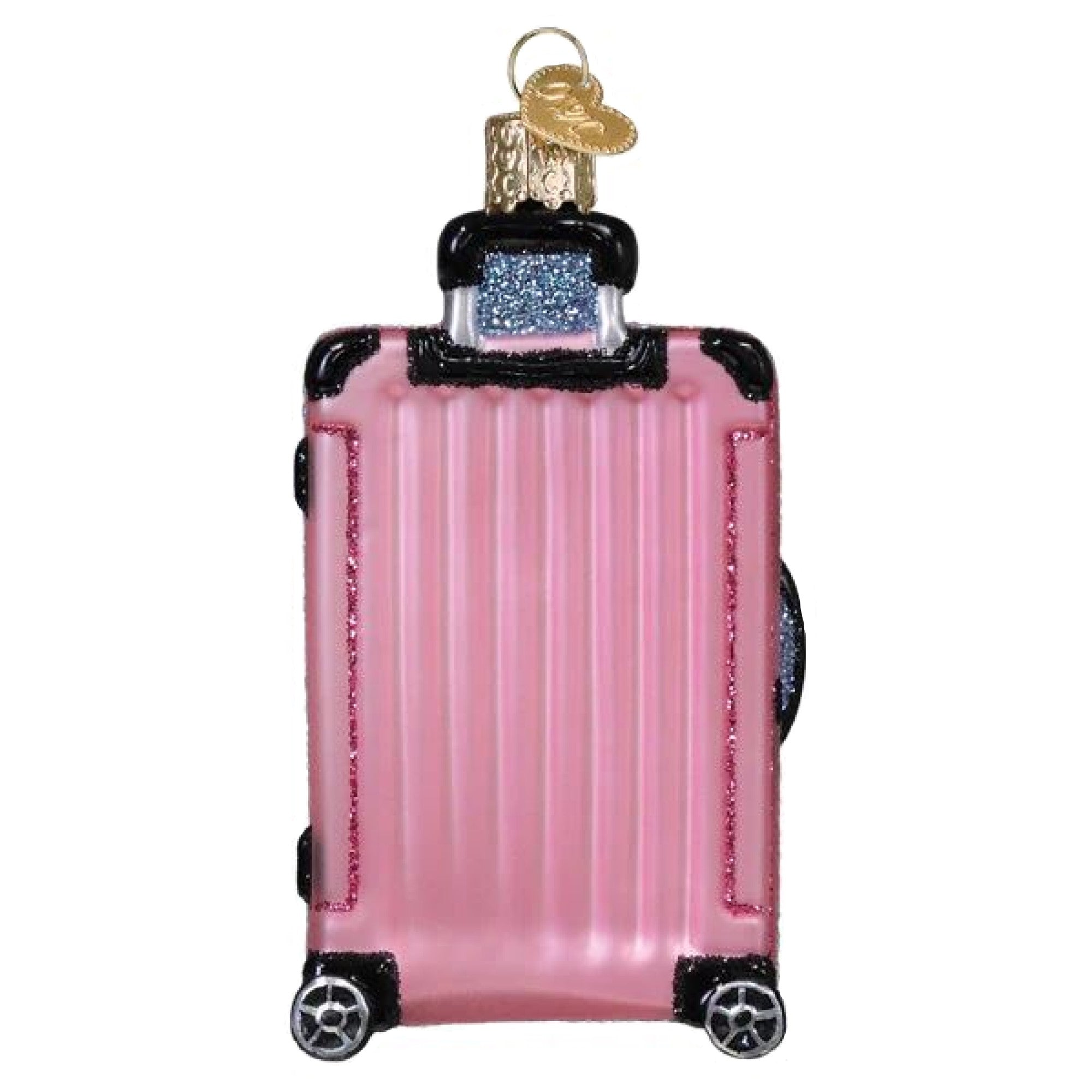 Old World Christmas Blown Glass Ornament for Christmas Tree, Pink Rolling Suitcase