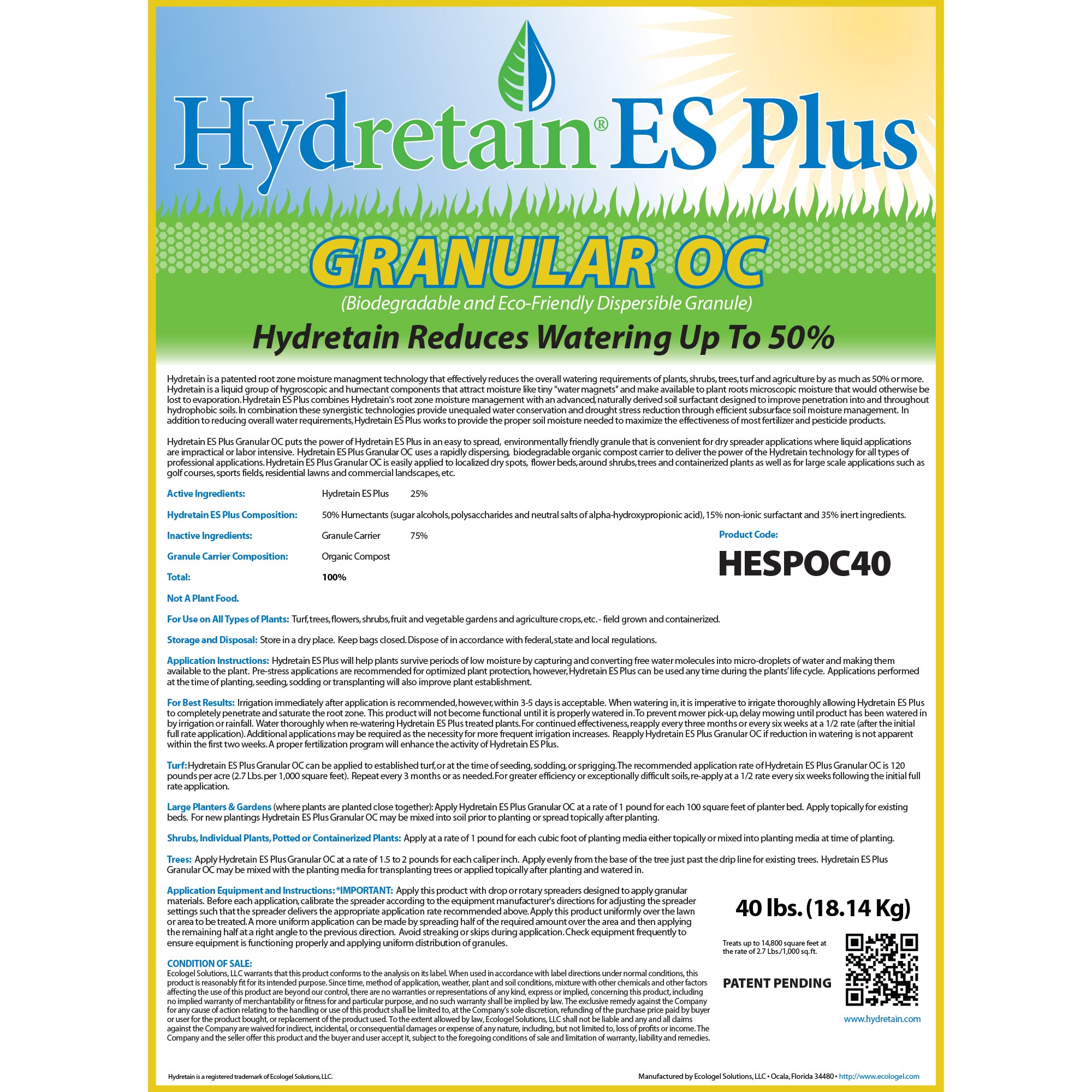 Ecologel Hydretain ES Plus Organic Compost Carrier Granular, 40lbs
