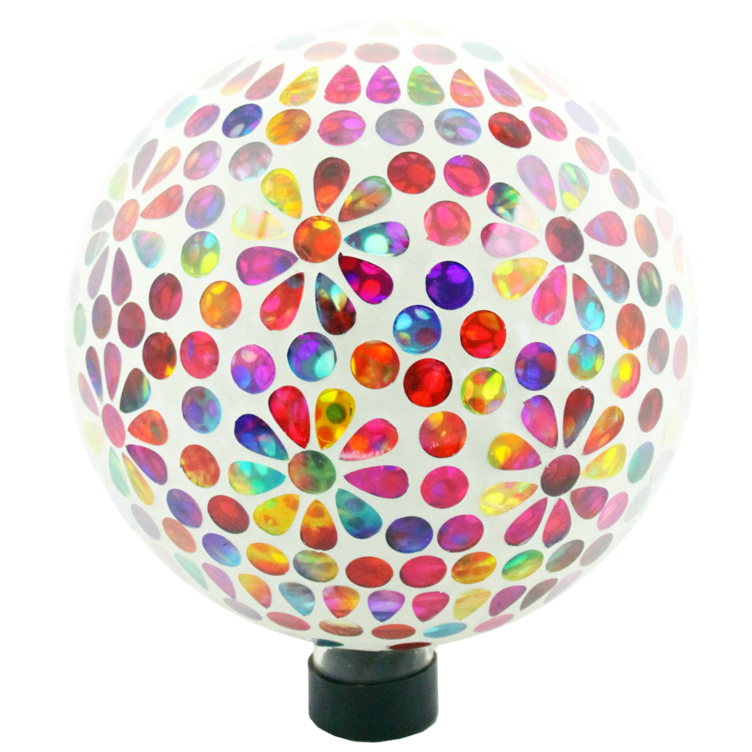 Very Cool Stuff Mosaic Glass Gazing Globe with Hanging Chain, Rainbow Flower Tile, 10in
