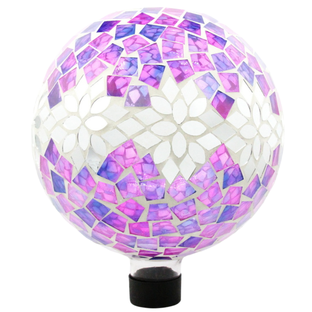 Very Cool Stuff Mosaic Glass Gazing Globe with Hanging Chain, Silver & Pink Floral Tile, 10in