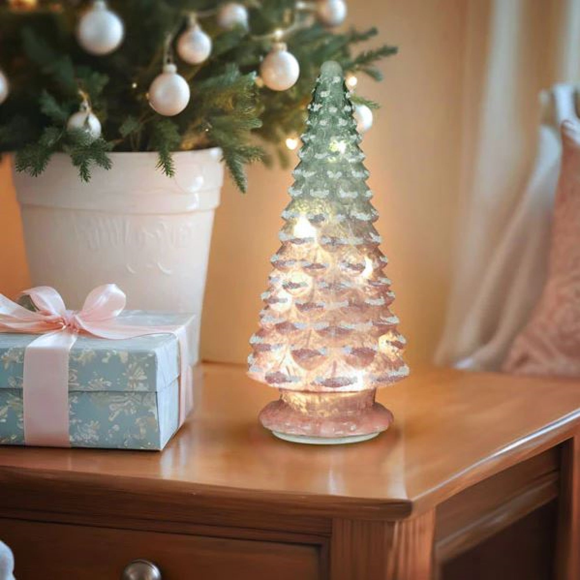 Old World Christmas Glass Battery-Operated Frosted Christmas Tree, Pink, 14in