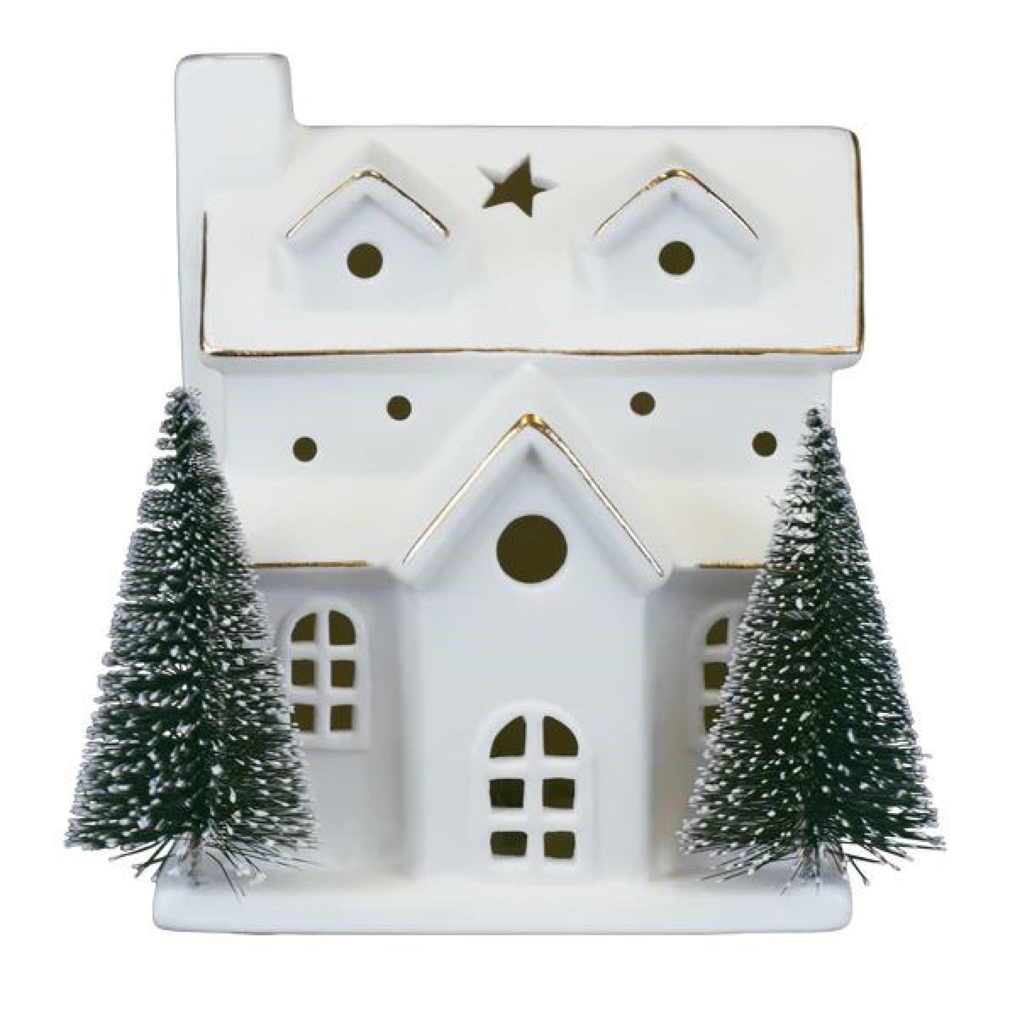 Old World Christmas Ceramic Battery-Operated Decorative House with Trees, 6in
