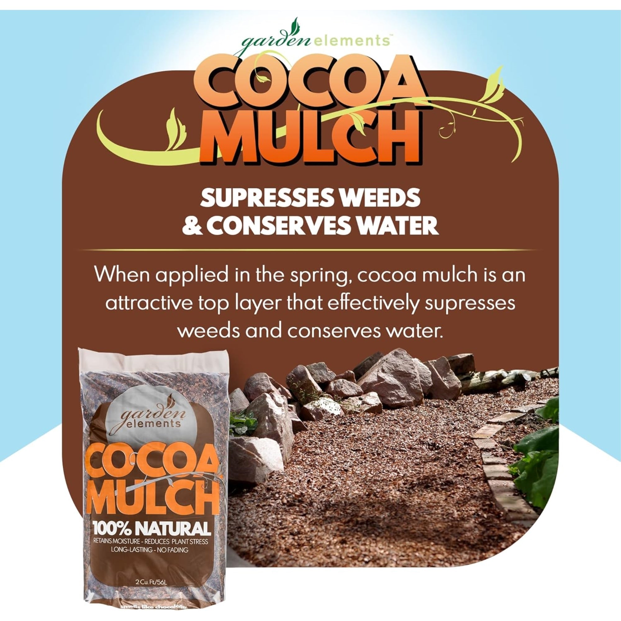 Garden Elements 100% Natural Cocoa Bean Shell Mulch for Gardens, Flower Beds, Potted Plants, and Mulching, 2 cu ft