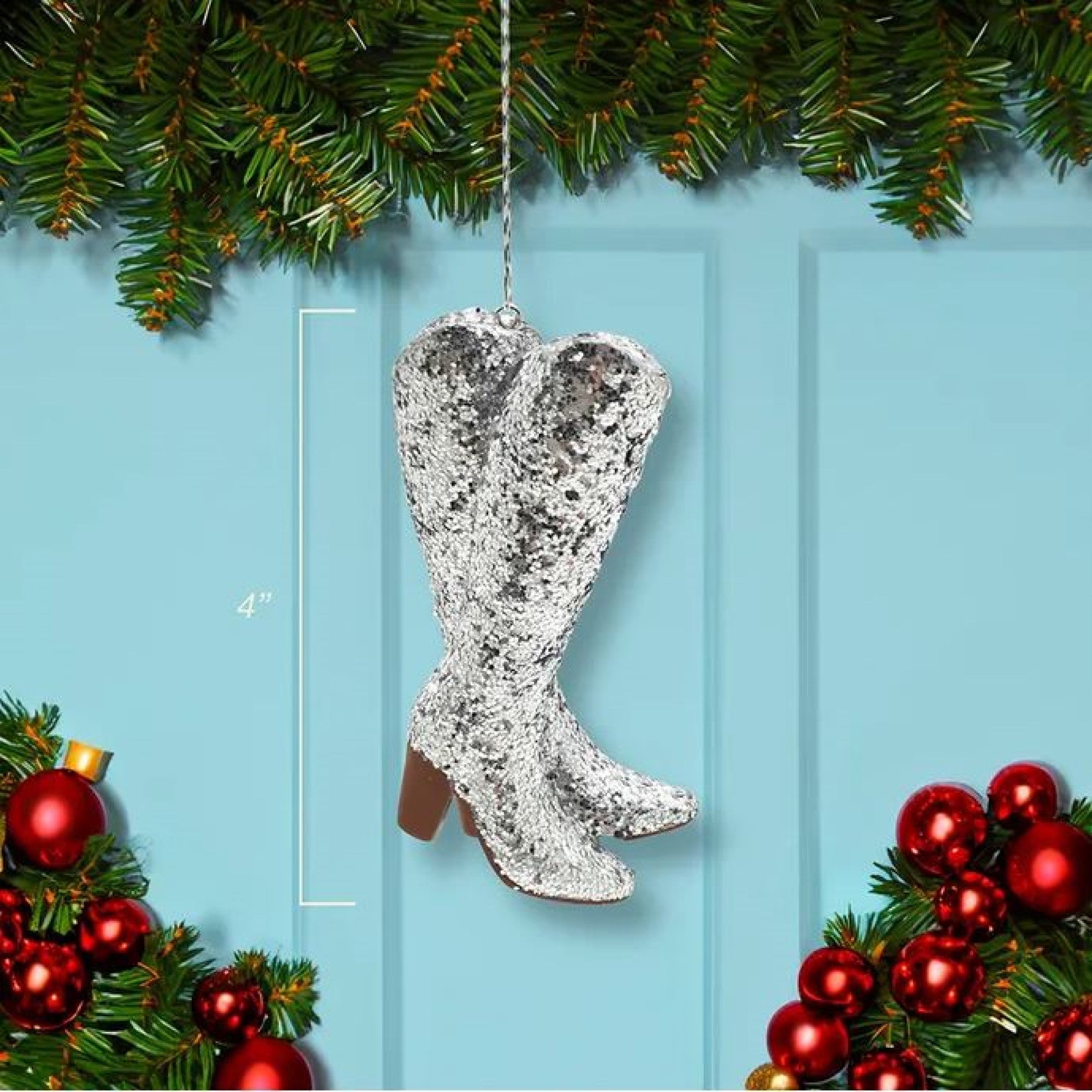 Kurt Adler Hanging Resin Christmas Tree Ornament, Silver Glitter Cowboy Boots, 4"