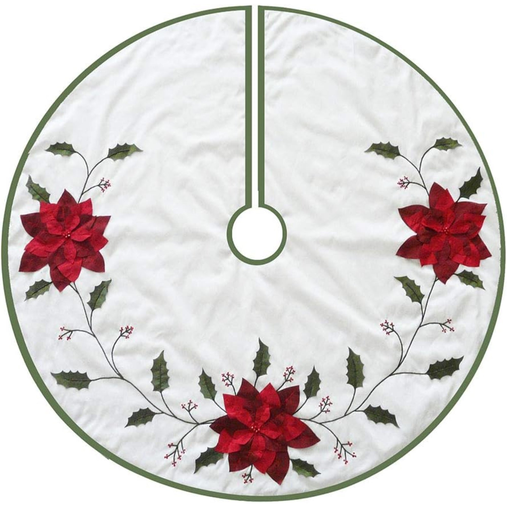Kurt Adler Christmas Tree Skirt with Holly Leaves and Poinsettia Design, Ivory, 54in