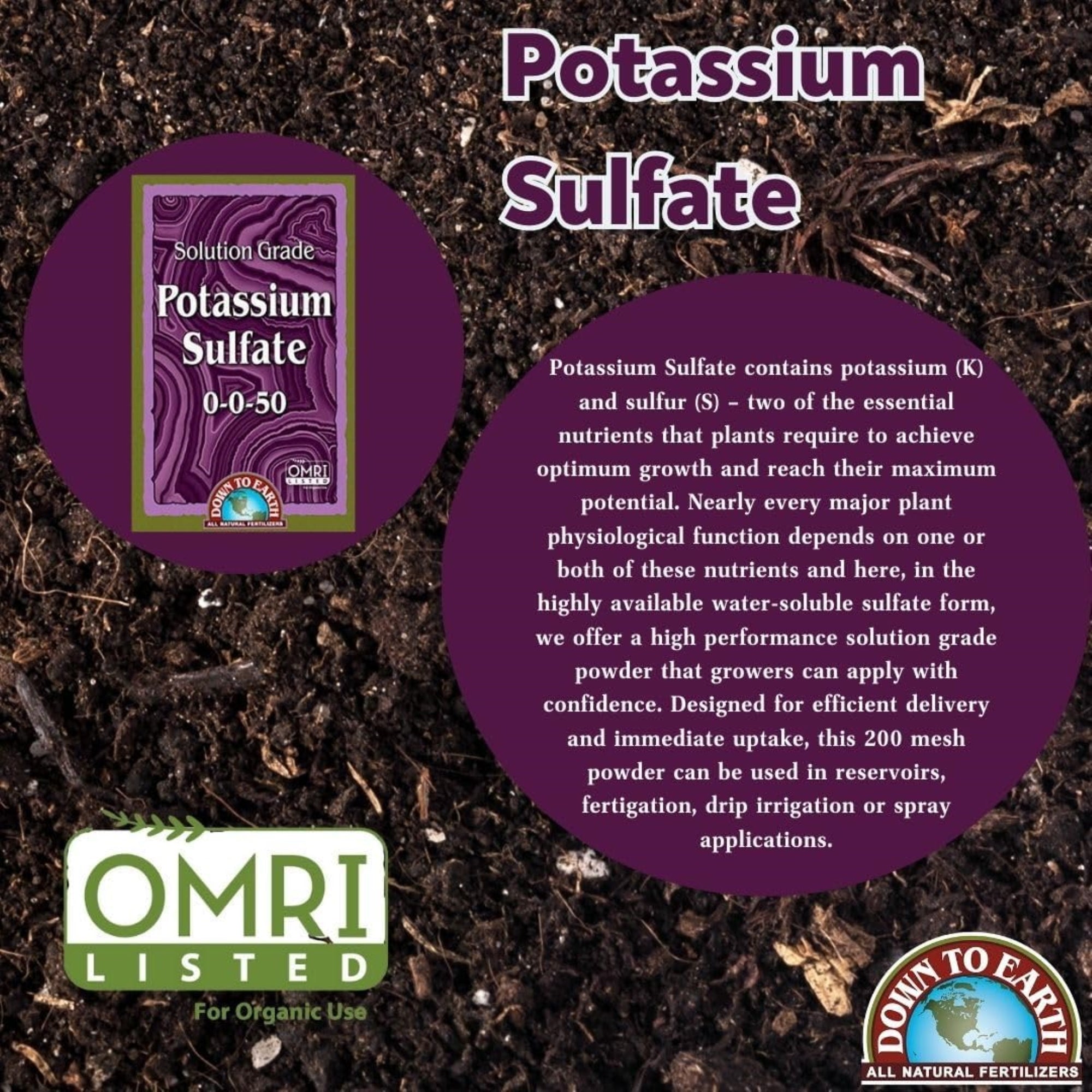 Down To Earth Potassium Sulfate 0-0-50 Solution Grade Fertilizer, 1lb