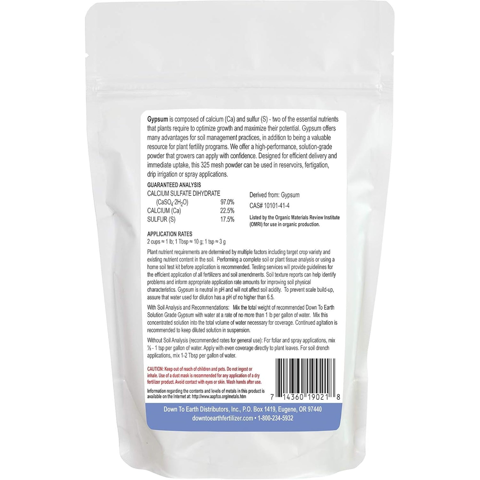 Down to Earth Gypsum Calcium Sulfate Dihydrate Solution Grade Fertilizer, 1lb