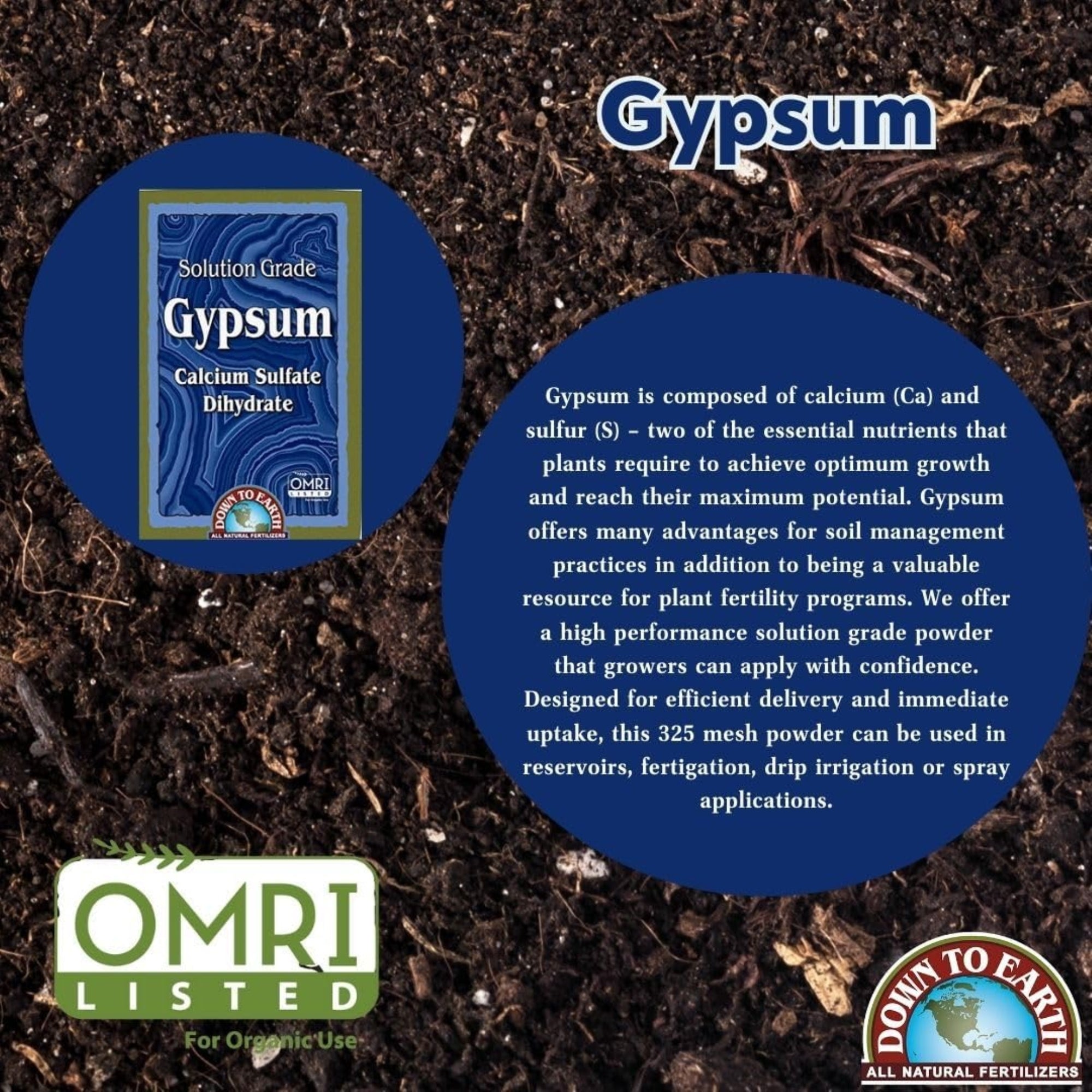 Down to Earth Gypsum Calcium Sulfate Dihydrate Solution Grade Fertilizer, 1lb