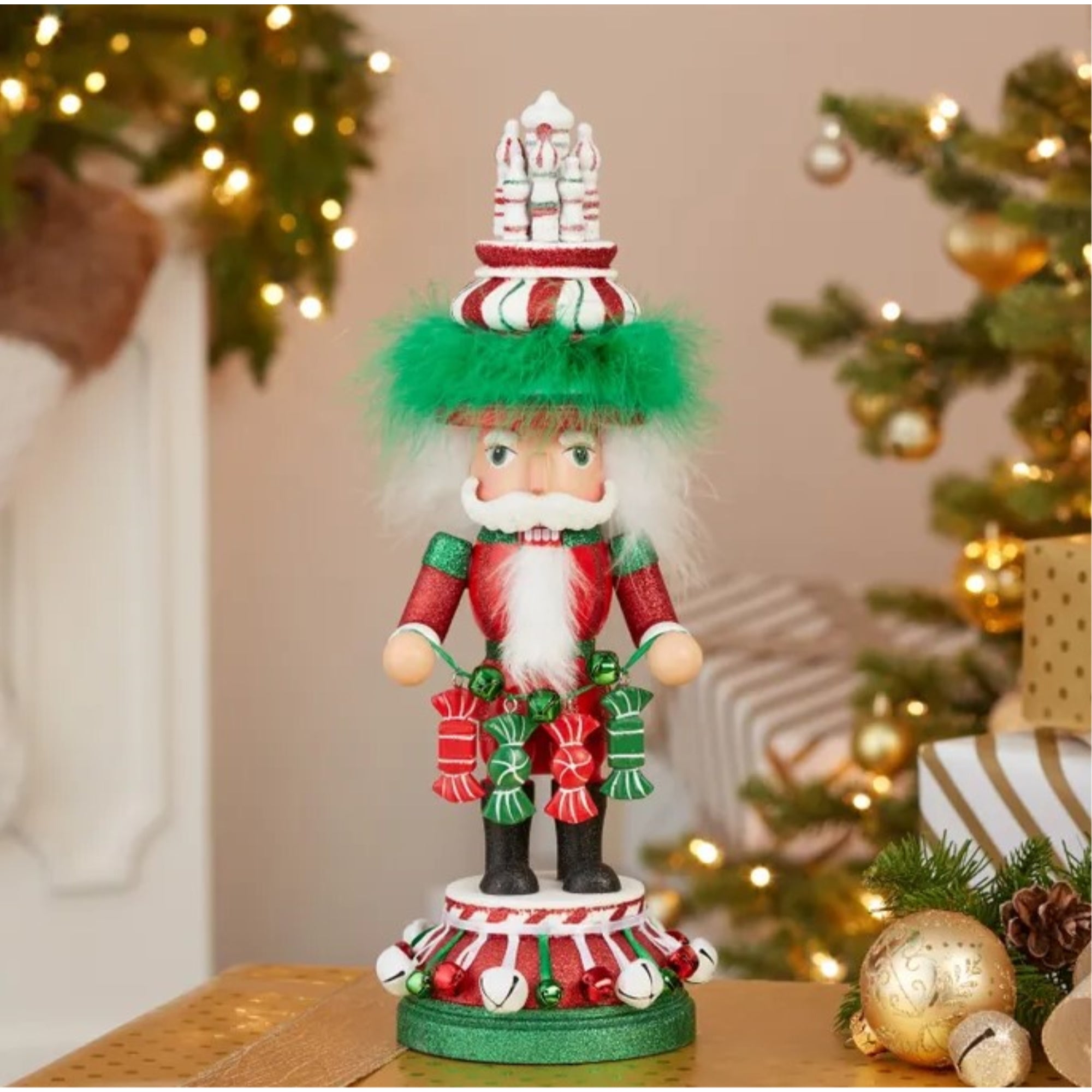 Kurt Adler Hollywood Wooden Nutcracker Collection, Red, White & Green Candy Tower Hat, 15"