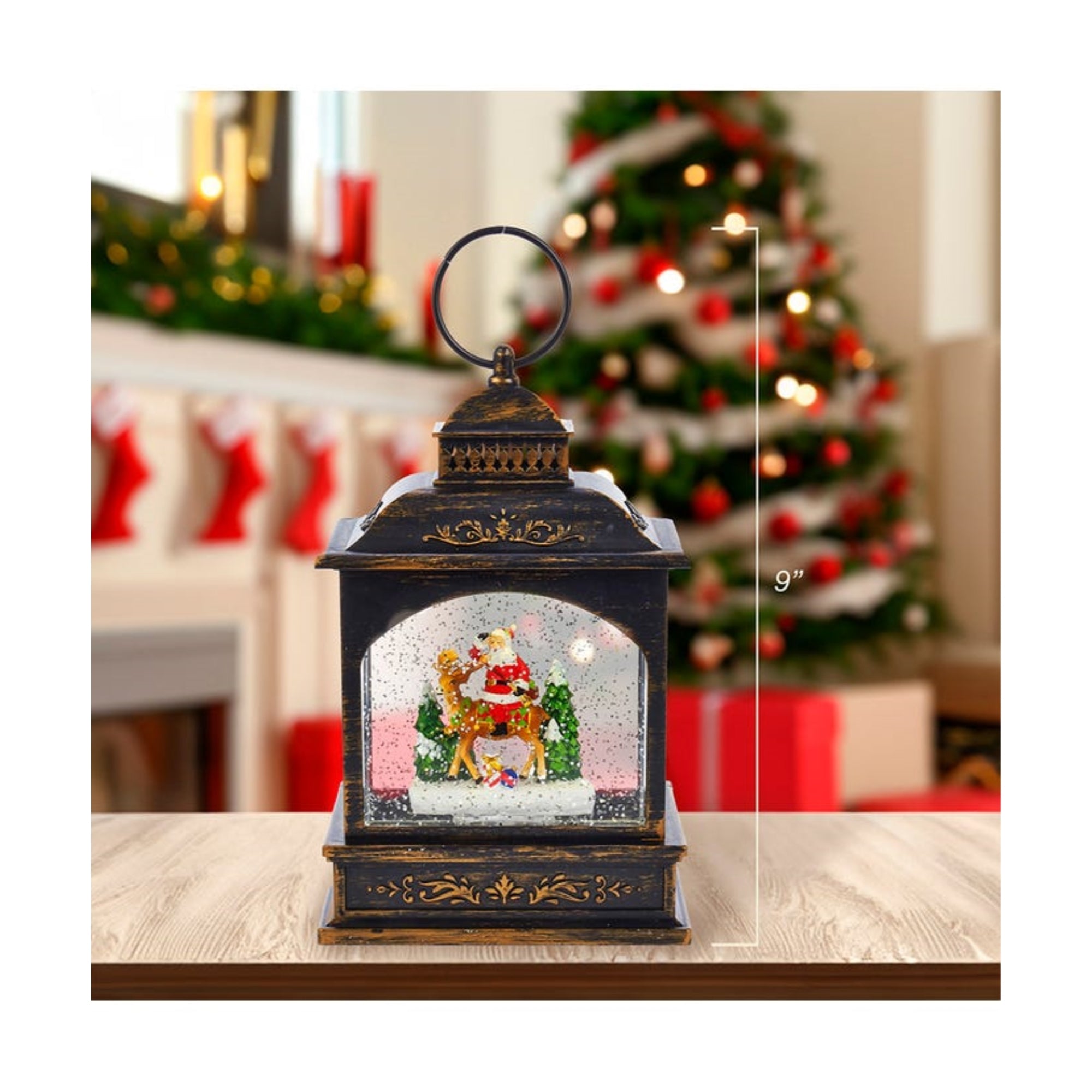 Kurt Adler Battery Operated LED Santa Lantern with Twirling Snow Motion, 9"