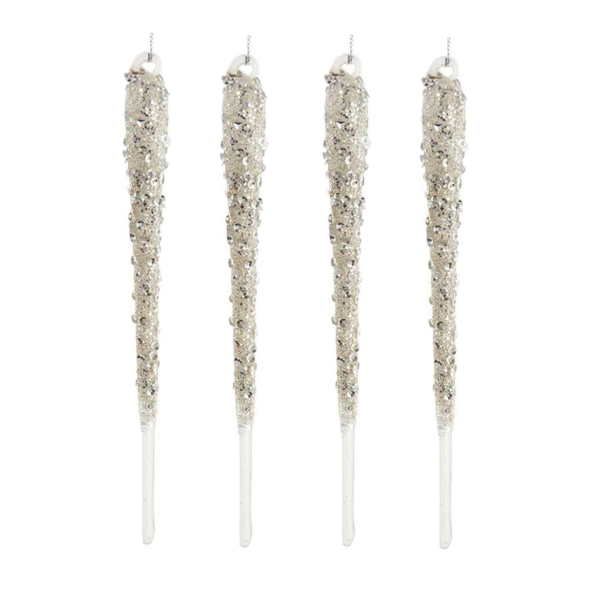 Kurt Adler Glass Ornaments for Christmas Tree, Icicles with Silver Glitter, 7in (Pack of 4)