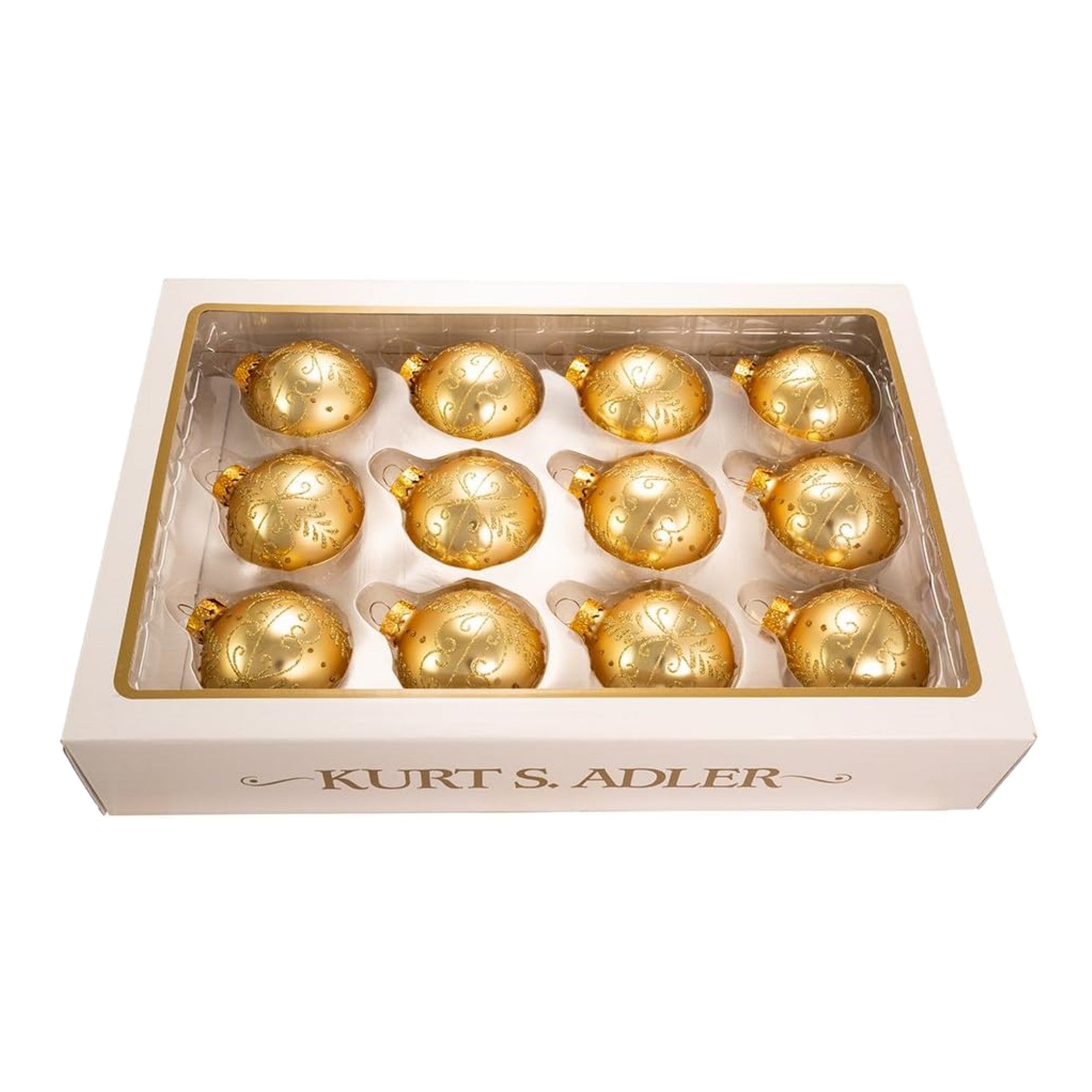 Kurt Adler Glass Ball Ornament for Christmas Tree, Gold Pattern (Pack of 12)