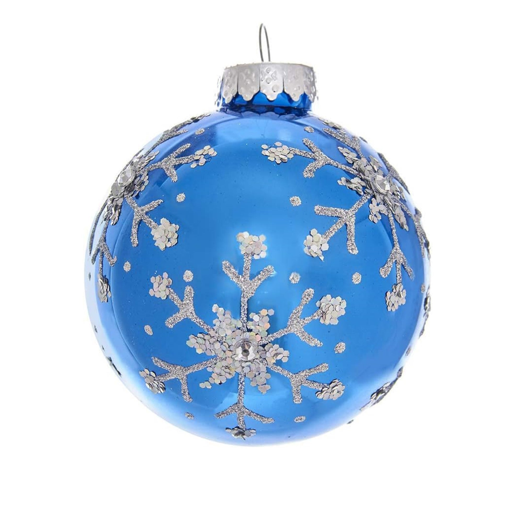 Kurt Adler Glass Ball Ornament for Christmas Tree, Blue & Silver Glitter Snowflakes (Pack of 6)