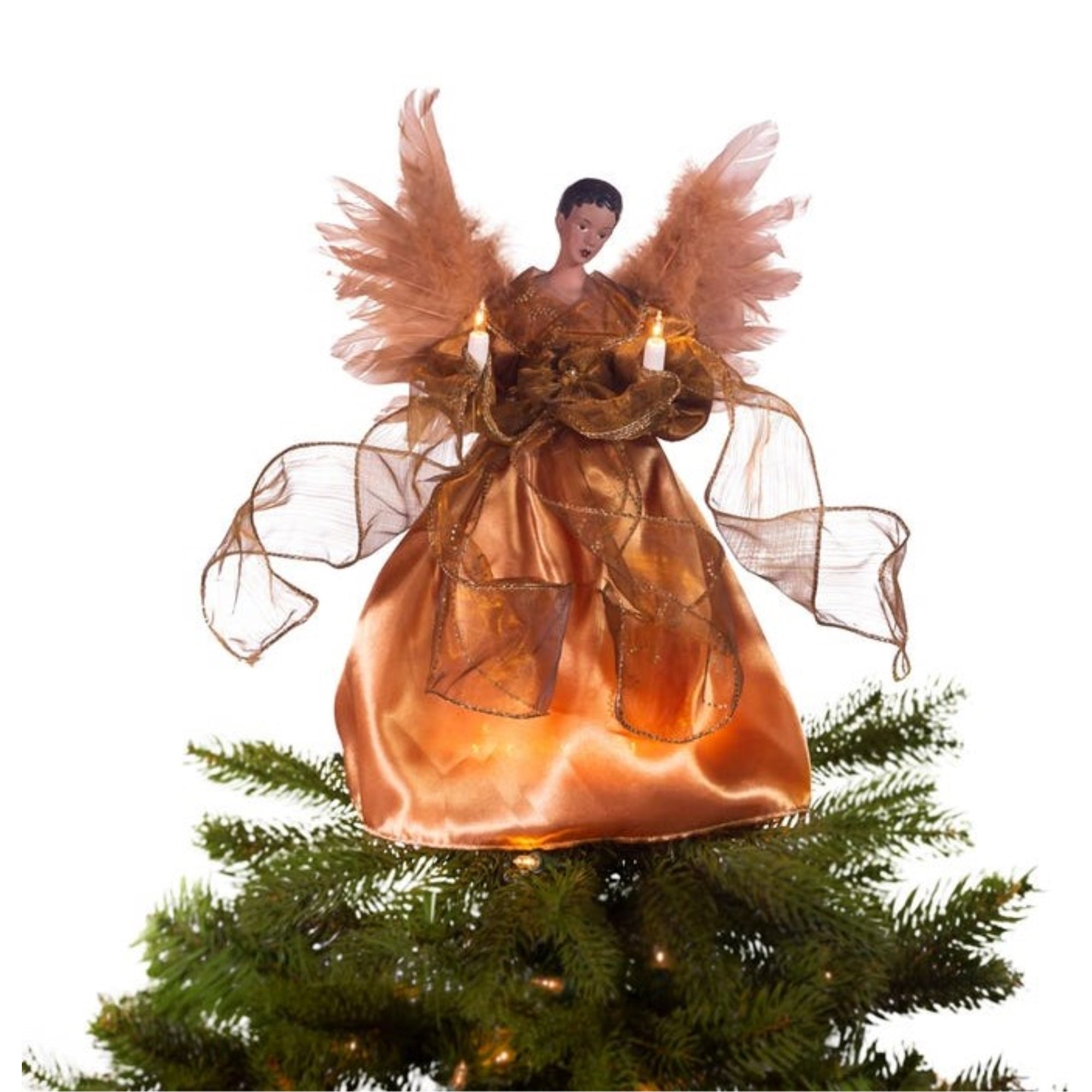 Kurt Adler Lighted Christmas Tree Treetop, 10-Lights, African American Angel, Gold, 13in