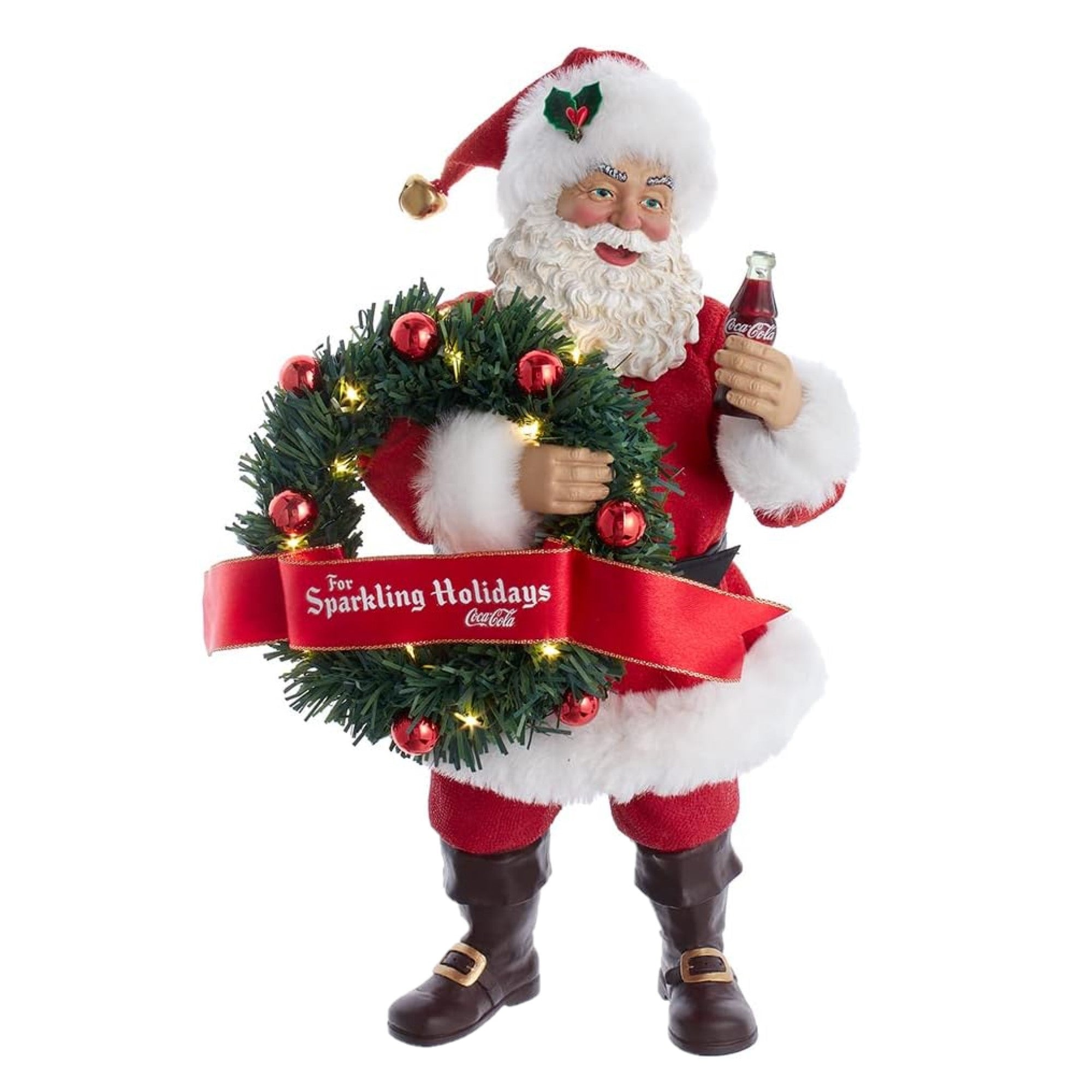 Kurt Adler Fabriche Christmas Tabletop Figurine, Coca-Cola Santa with Lighted Wreath, 10.5in