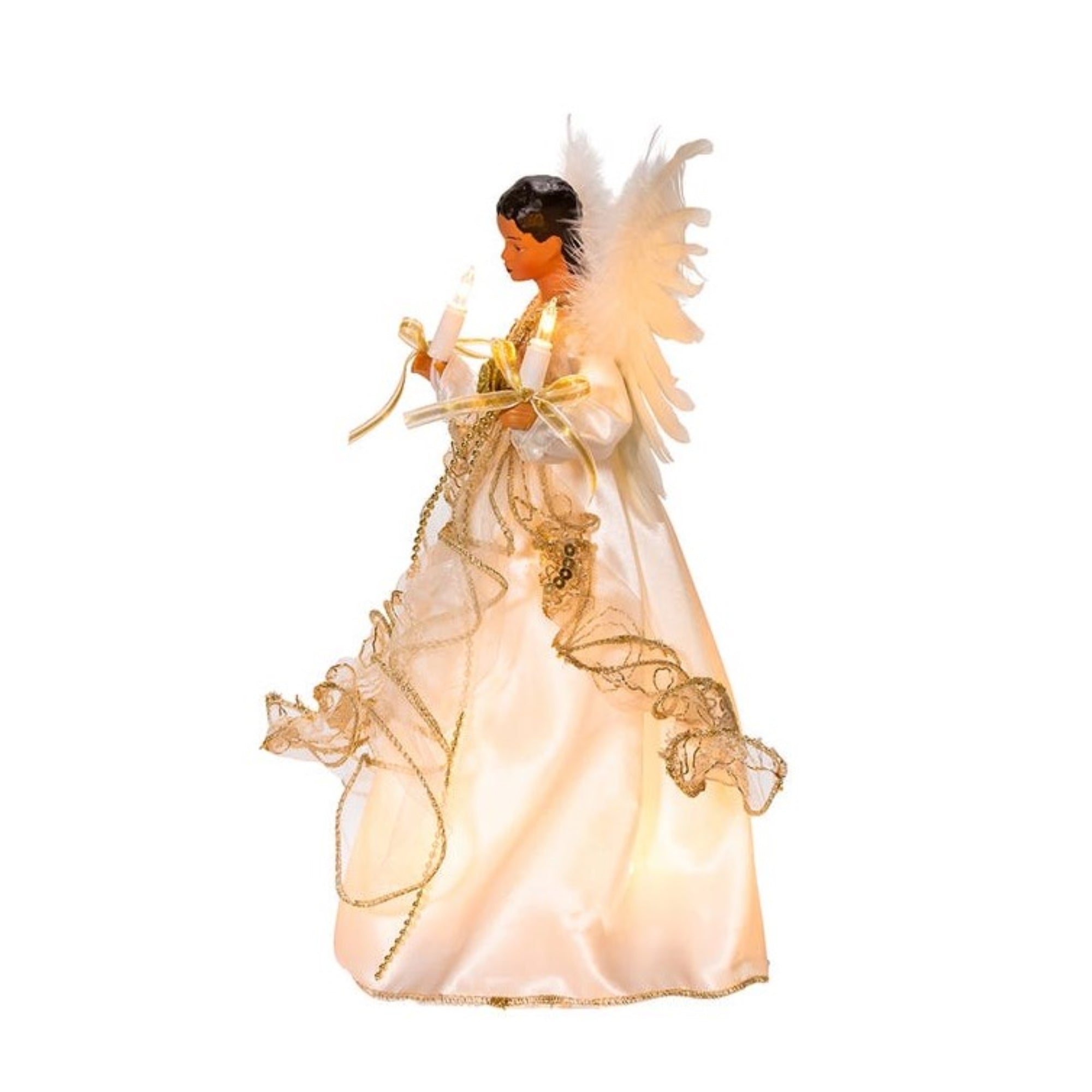 Kurt Adler Lighted Christmas Tree Treetop, 10-Lights, African American Angel, Ivory & Gold, 12in