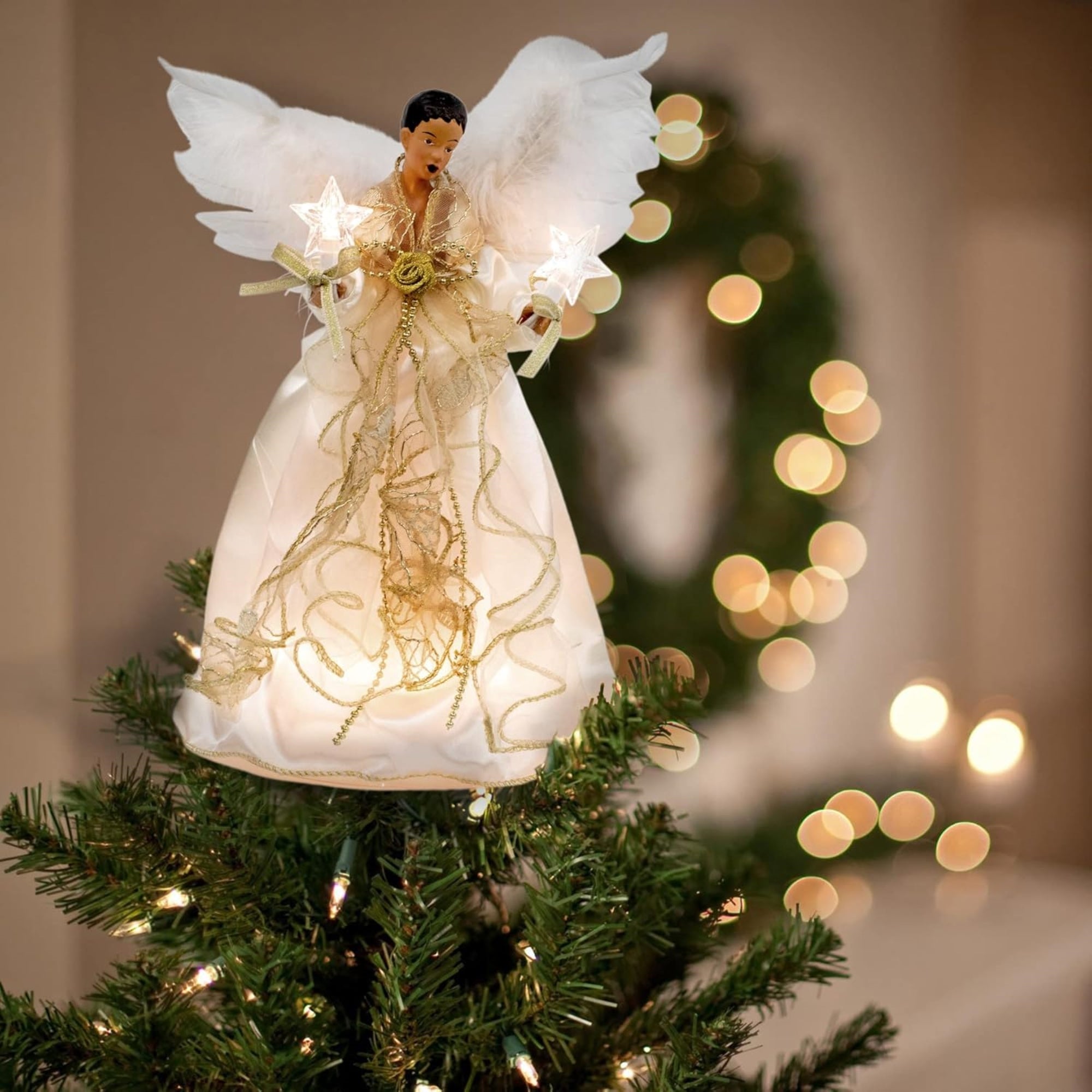 Kurt Adler Lighted Christmas Tree Treetop, 10-Lights, African American Angel, Ivory & Gold, 12in