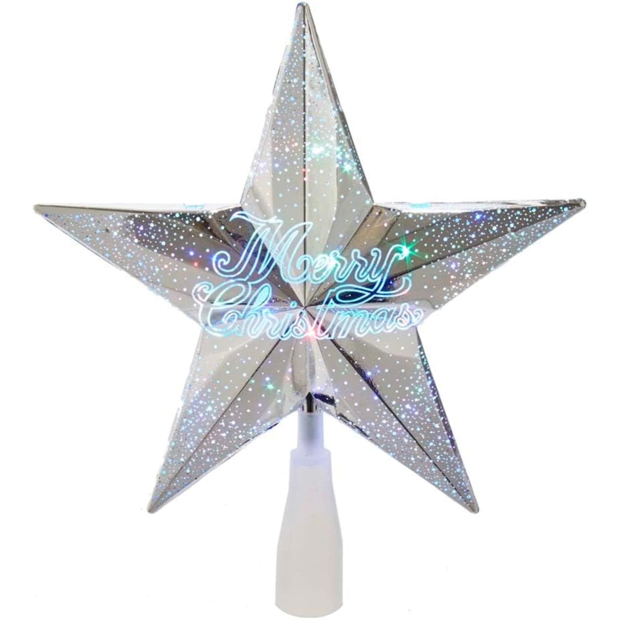 Kurt Adler Lighted Christmas Tree Treetop, 18L "Merry Christmas" LED Star, Silver, 10"