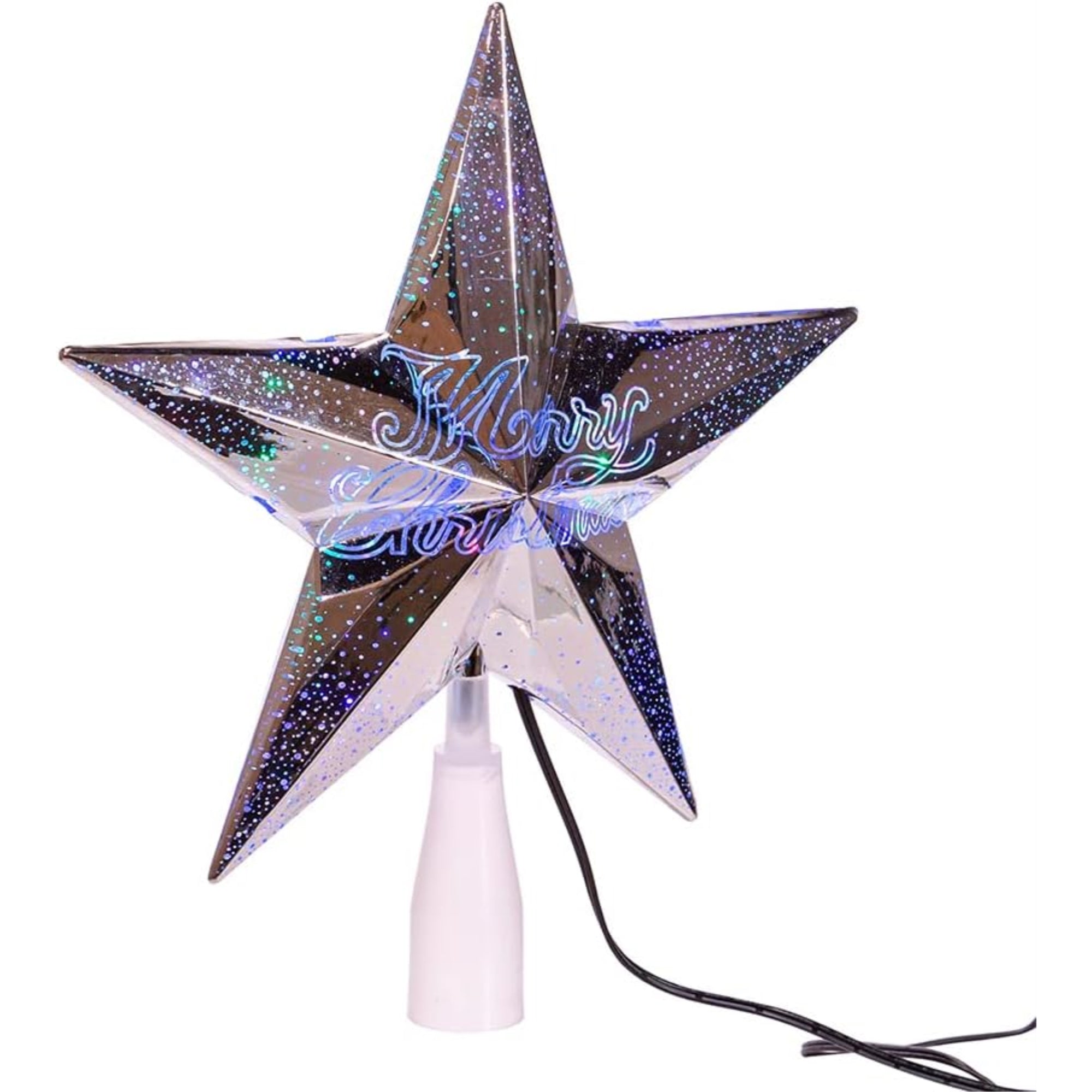 Kurt Adler Lighted Christmas Tree Treetop, 18L "Merry Christmas" LED Star, Silver, 10"