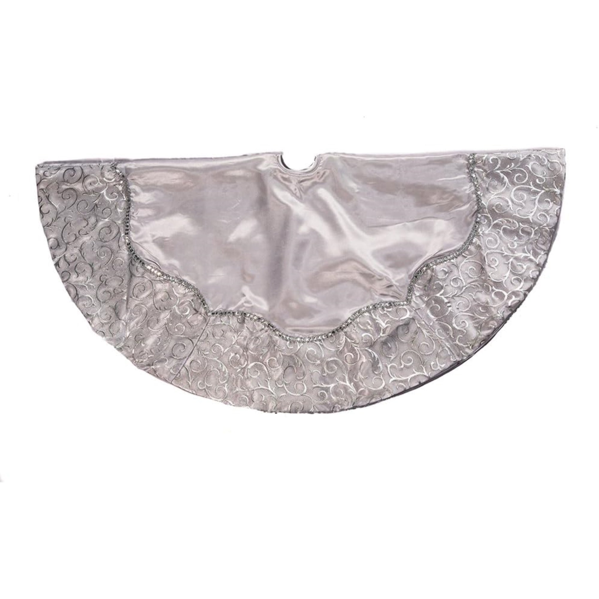 Kurt Adler Christmas Satin Tree Skirt with Sequined Border, Silver, 48in