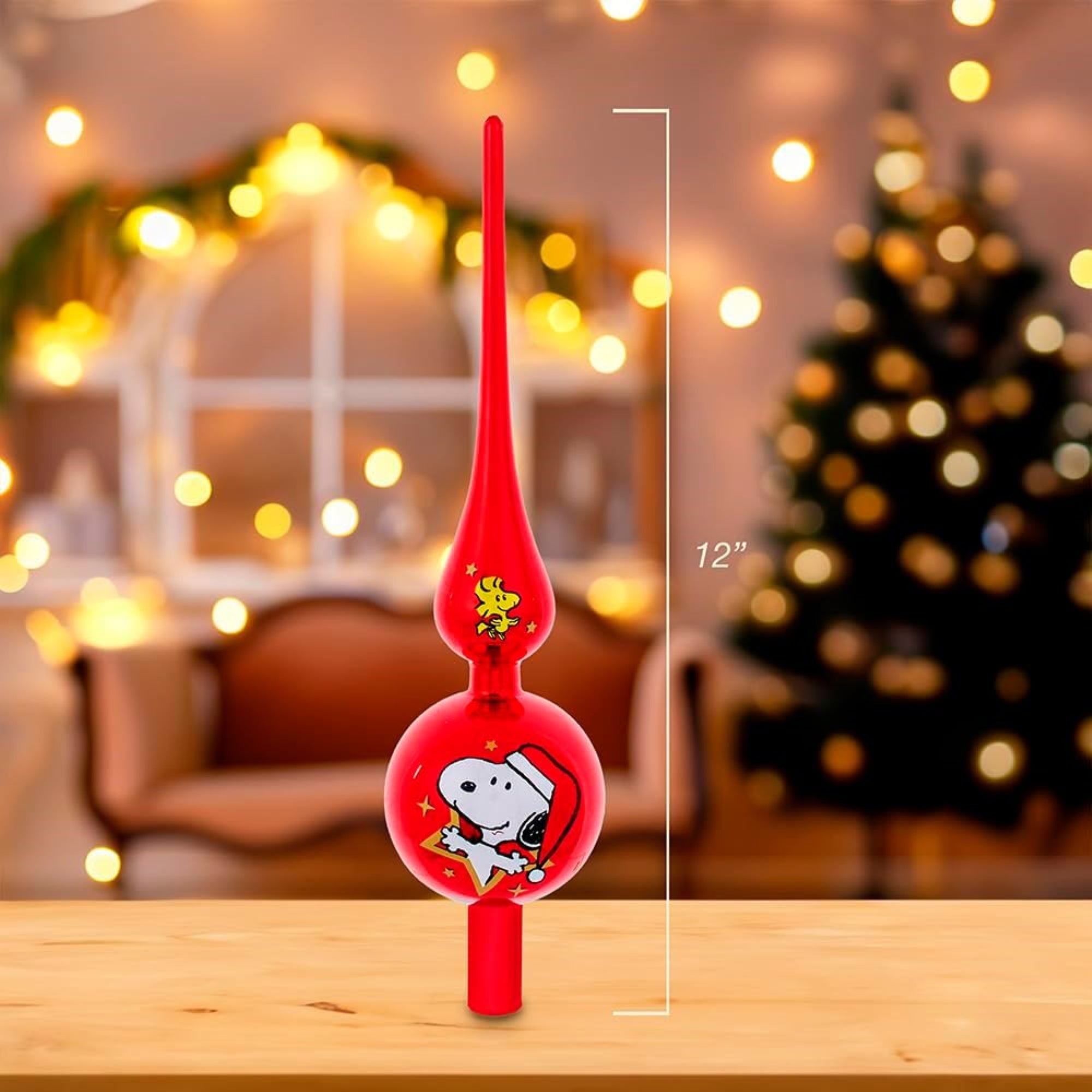 Kurt Adler Un-Lit Peanuts Glass Snoopy Finial Treetop, 12"