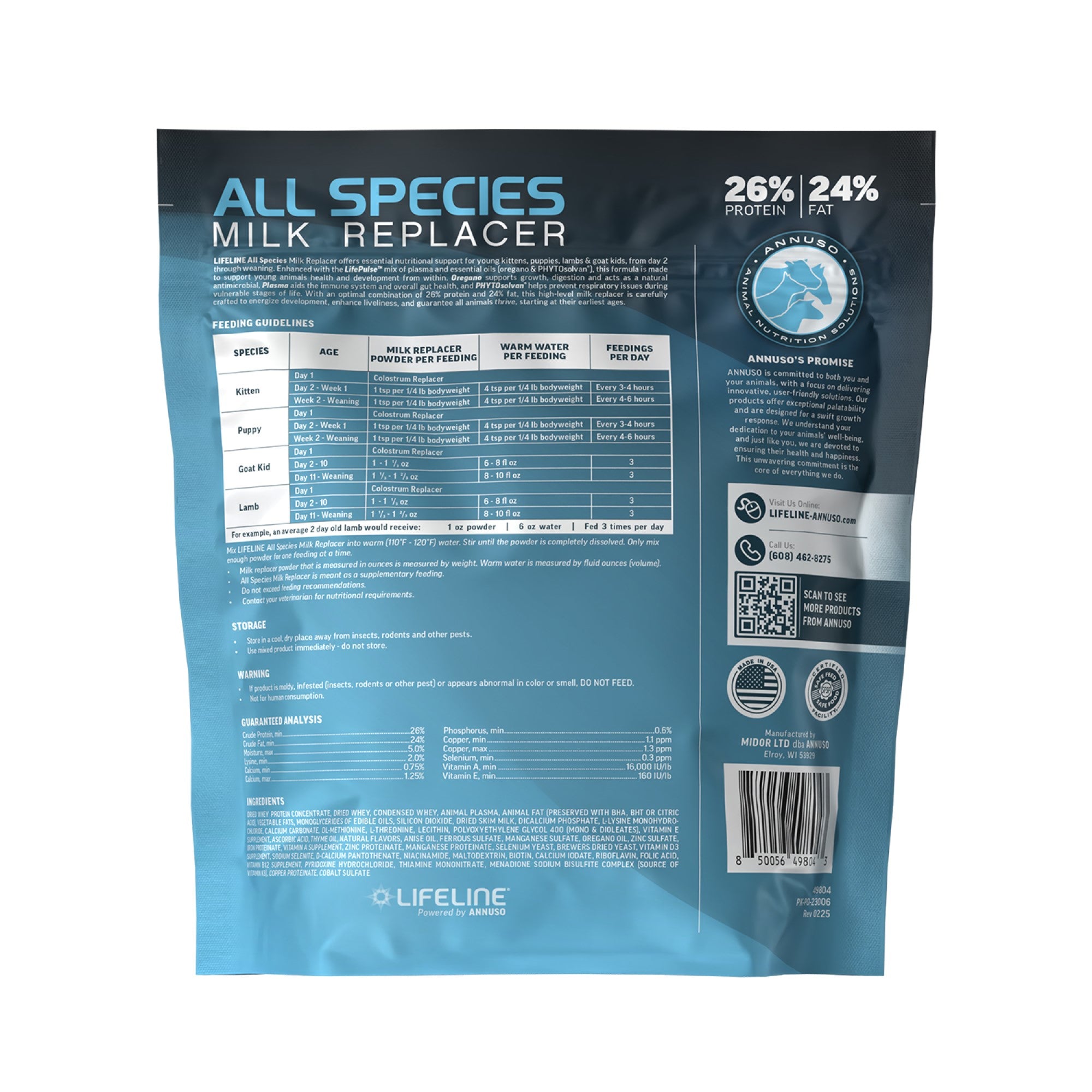 ANNUSO LIFELINE All Species Milk Replacer 26:24, 4lb Bag