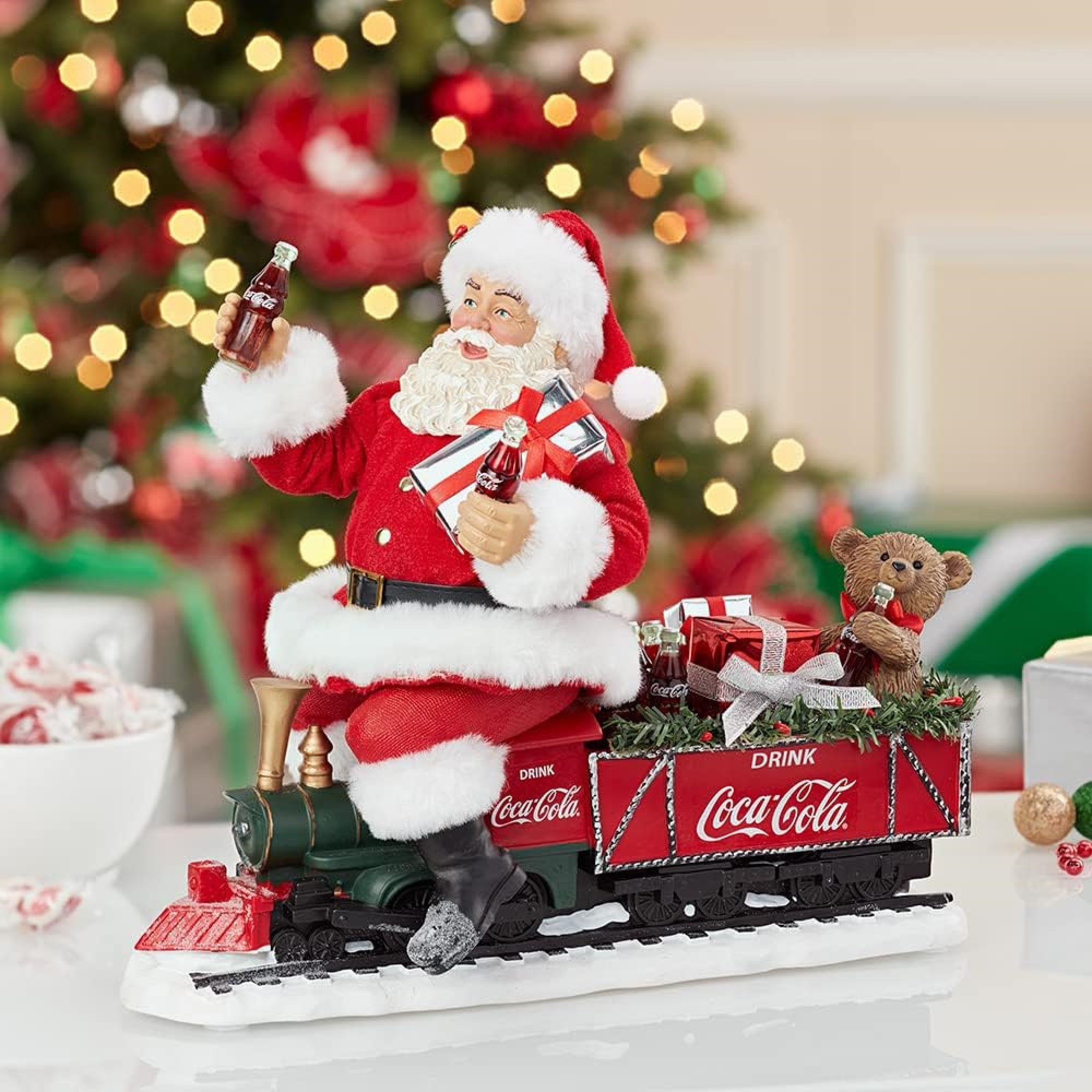 Kurt Adler Fabriche Christmas Figurine, Coca-Cola Santa on Train with LED Garland, 13in
