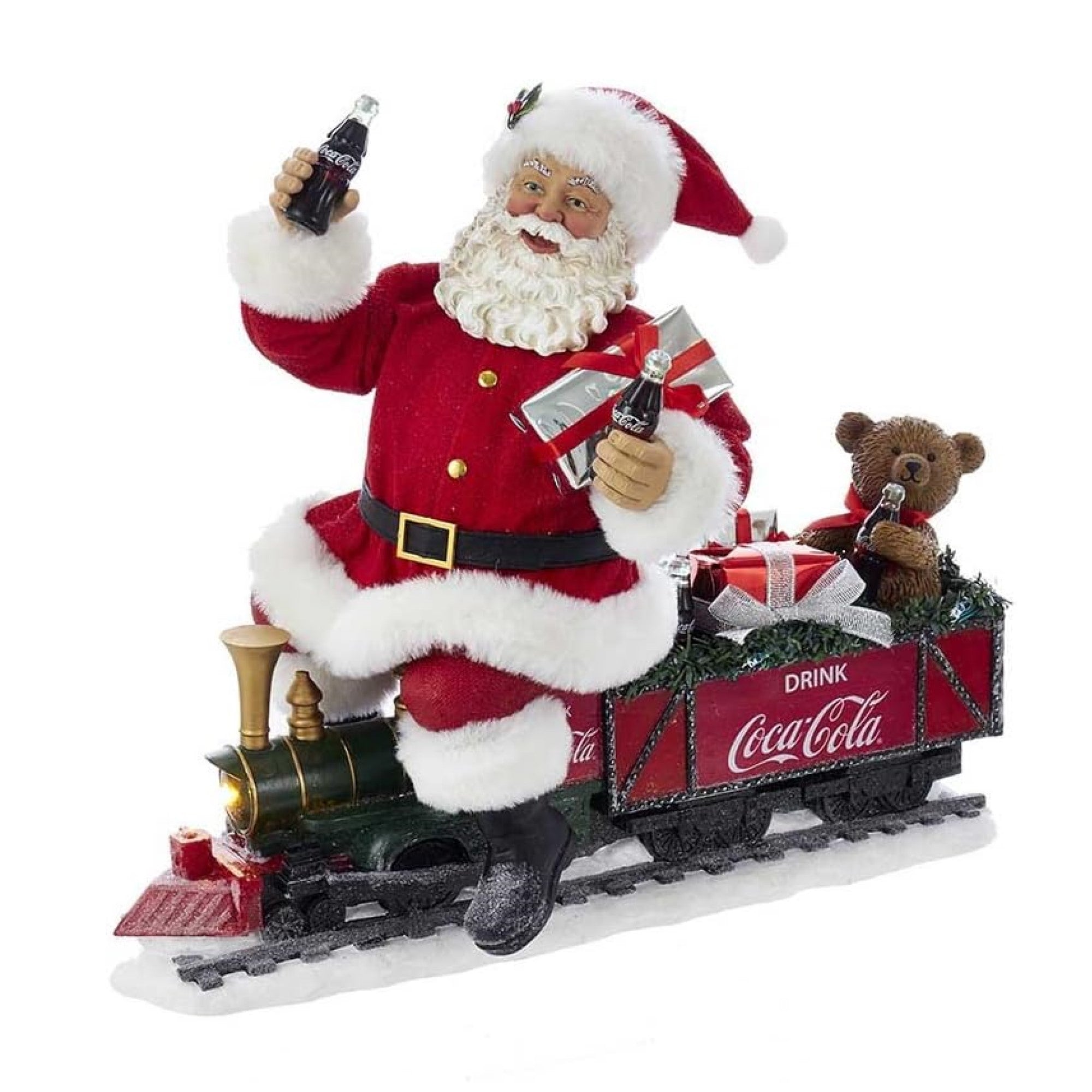 Kurt Adler Fabriche Christmas Figurine, Coca-Cola Santa on Train with LED Garland, 13in