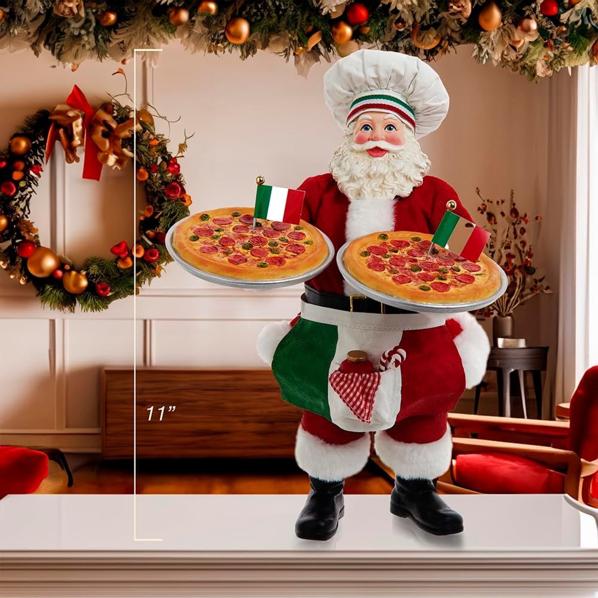 Kurt Adler Fabriche Christmas Figurine, Chef Santa with Two Pizzas, 11in