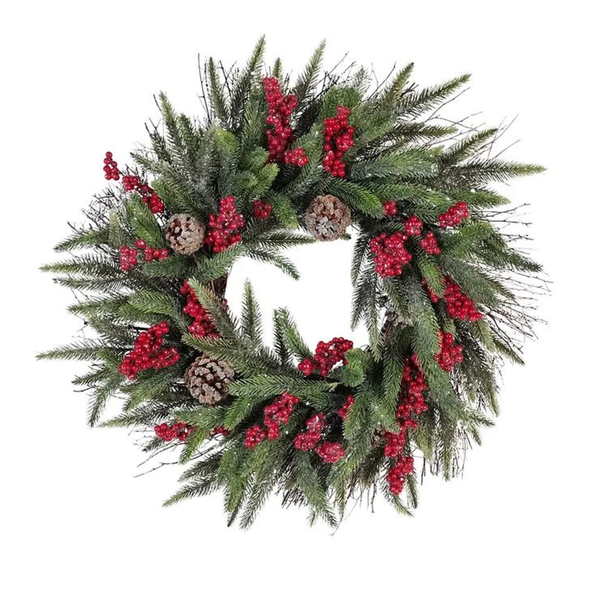 Kurt Adler Unlit Faux Christmas Wreath, Twig Green with Pinecones & Holly Berries, 22in