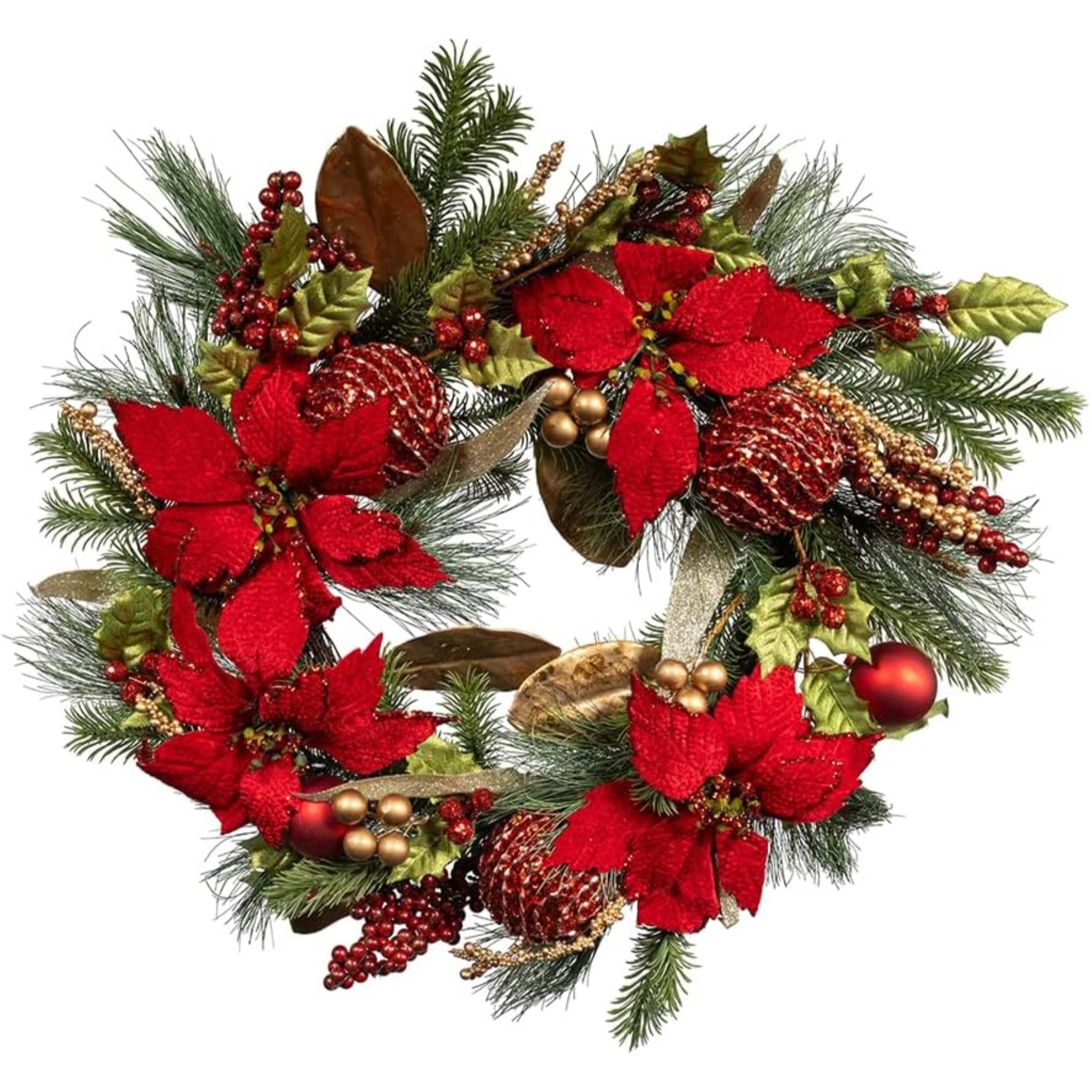 Kurt Adler Unlit Christmas Wreath, Gold and Red Poinsettia, 24in