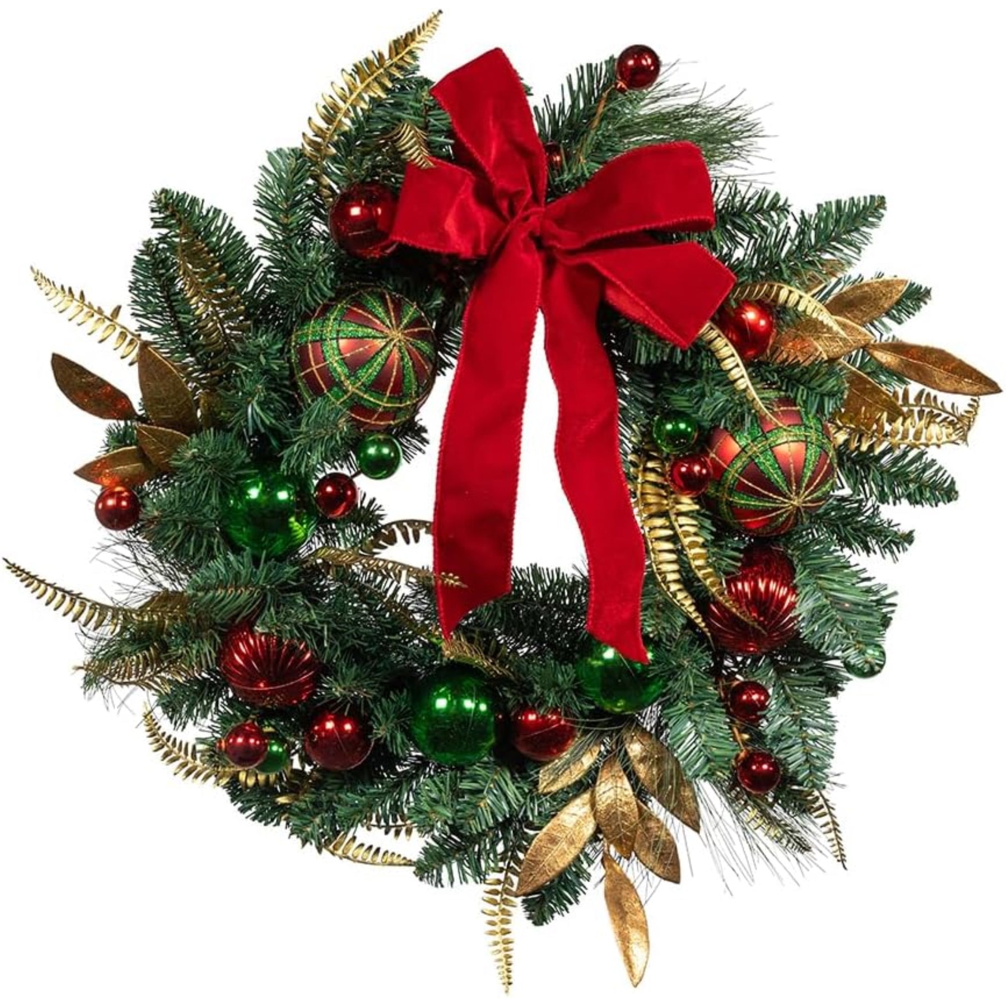 Kurt Adler Unlit Christmas Wreath, Gold, Red, and Green Ribbon, 24in