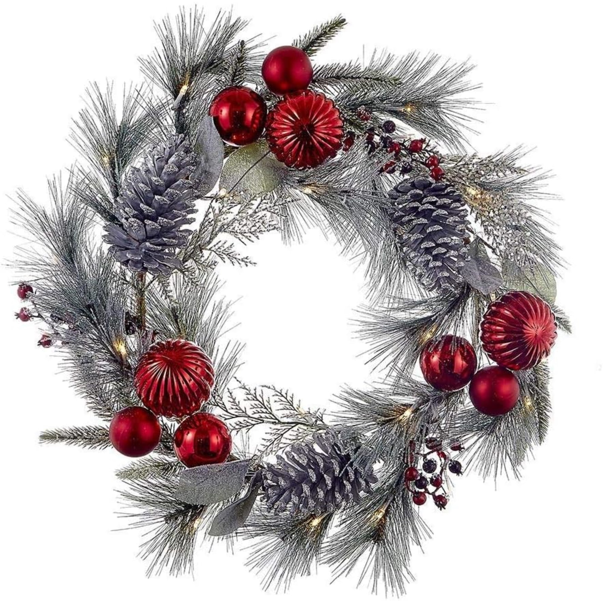 Kurt Adler Unlit Christmas Wreath, Silver Pinecone and Red Ornaments, 22in