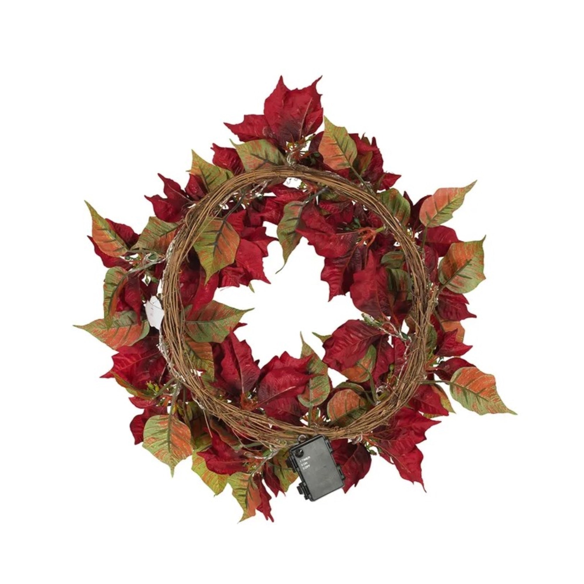 Kurt Adler Lit Christmas Poinsettia Wreath, Warm White LED Light, 24in