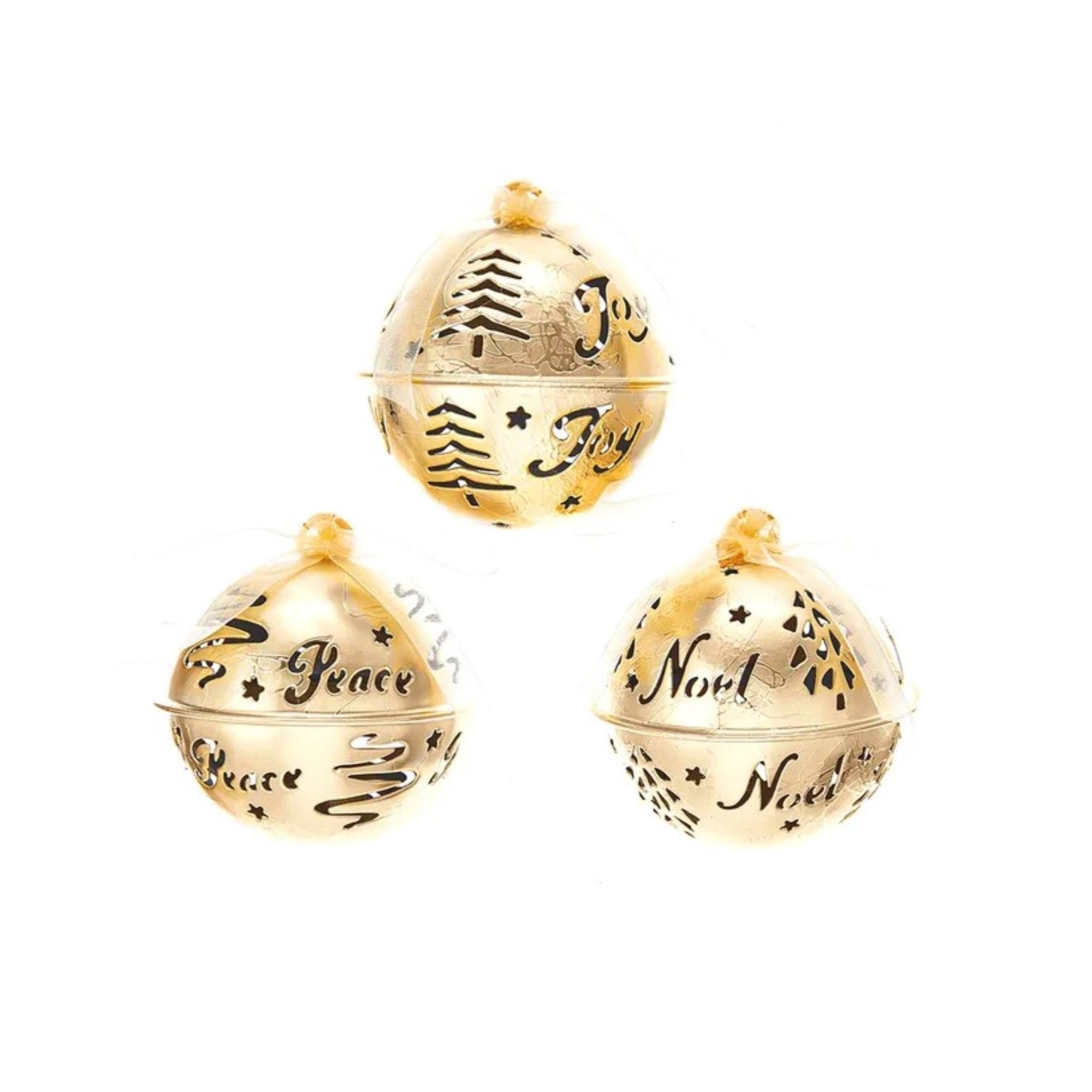 Kurt Adler Metal Ornaments for Christmas Tree, Gold Round Bells - Peace, Joy, Noel, Assorted (Pack of 3)