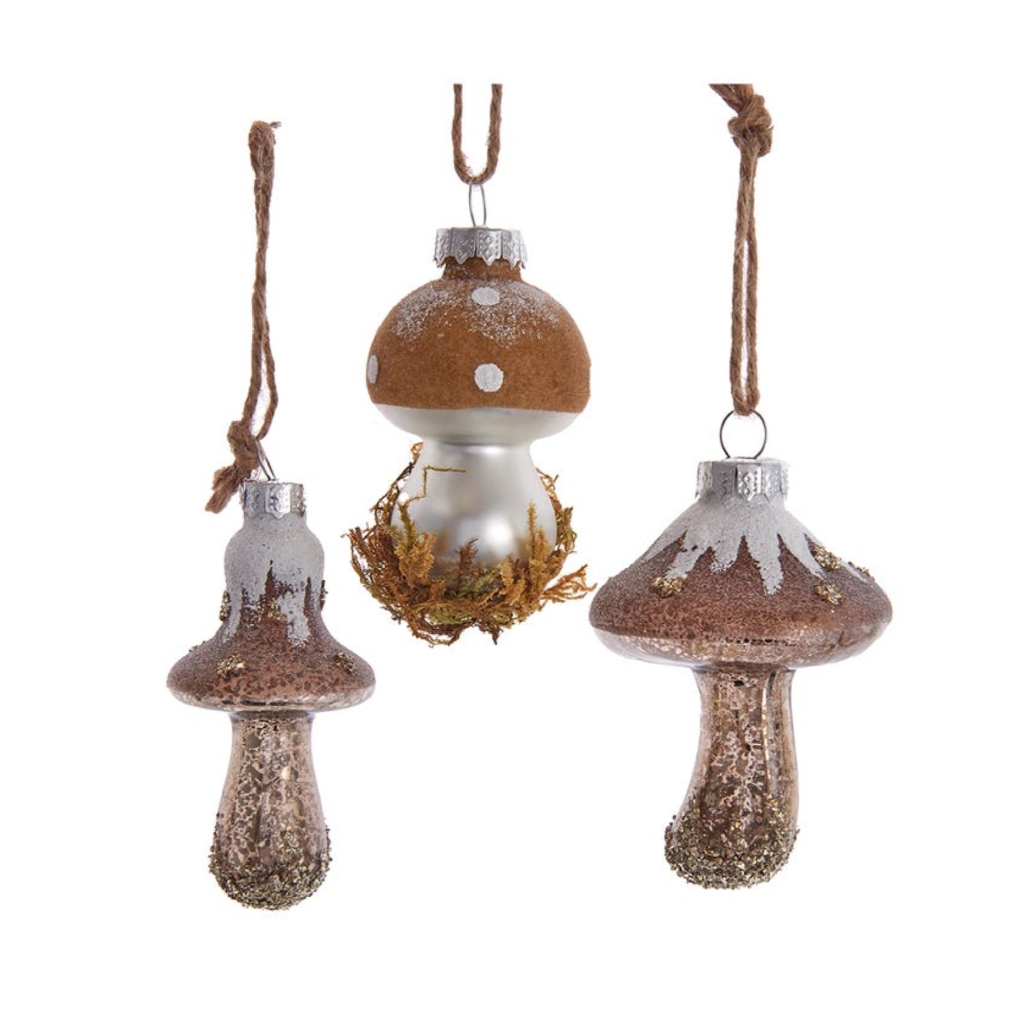 Kurt Adler Glass Ornaments for Christmas Tree, Rustic Mushrooms, Assorted (Pack of 3)