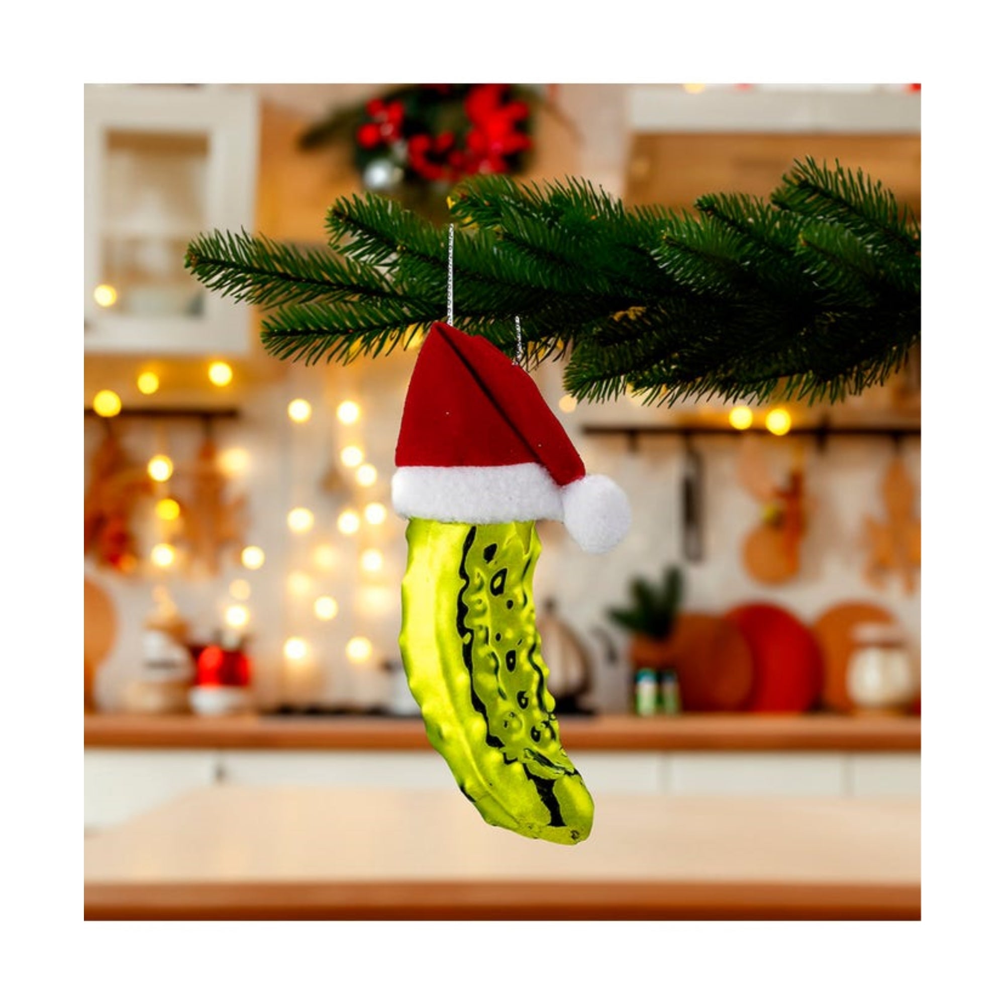 Kurt Adler Noble Gems Glass Ornament for Christmas Tree, Pickle in Santa Hat