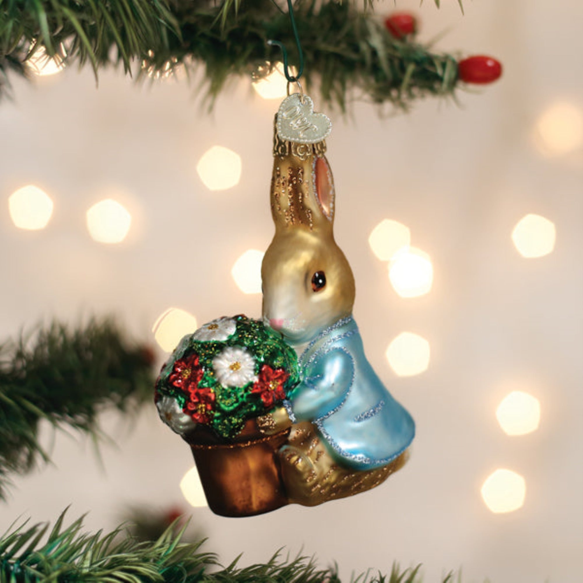 Old World Christmas Blown Glass Ornament for Christmas Tree, Peter Rabbit With Flower Pot