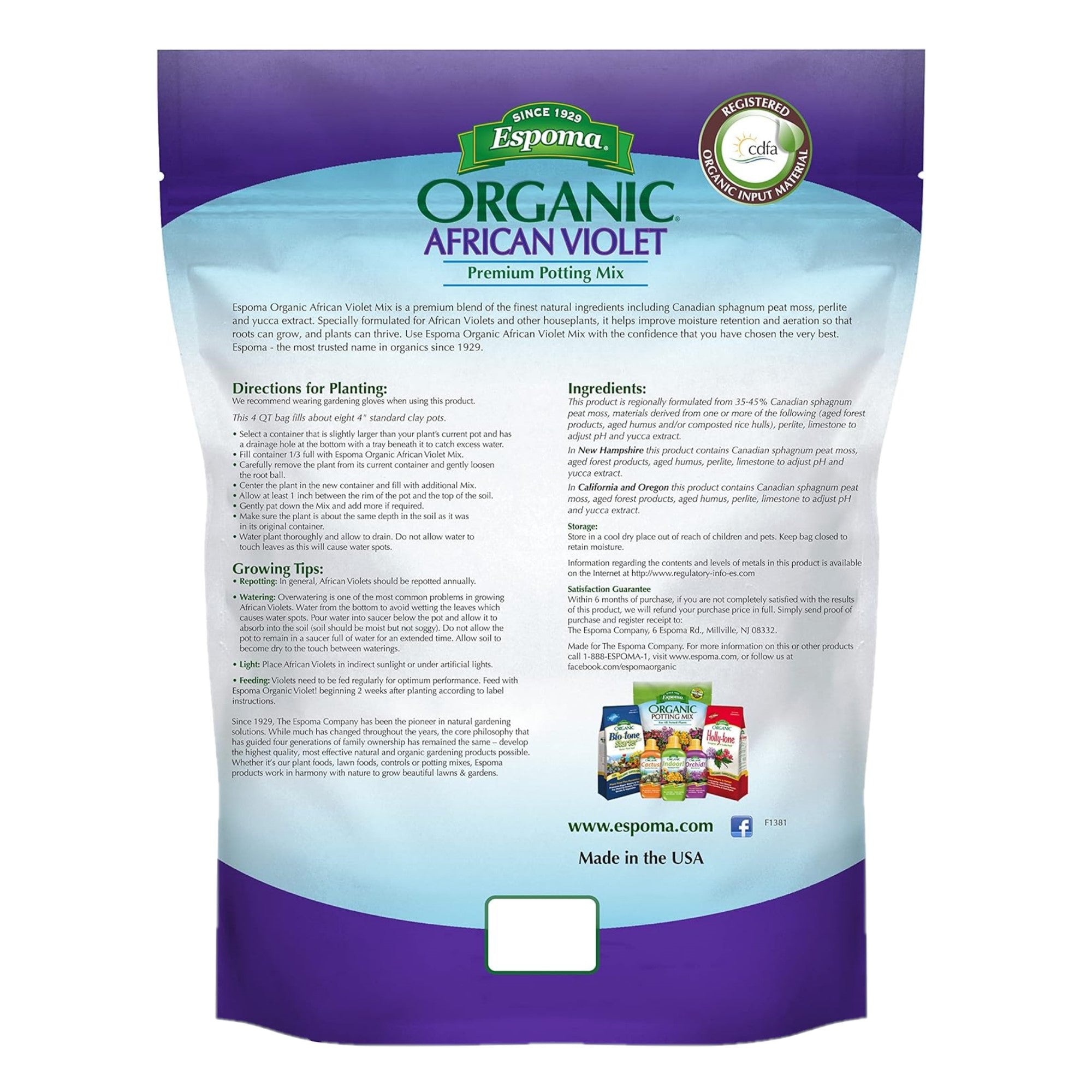 Espoma Organic African Violet Premium Potting Mix for Aftican Violets and Other Houseplants, for Organic Gardening, 4qt